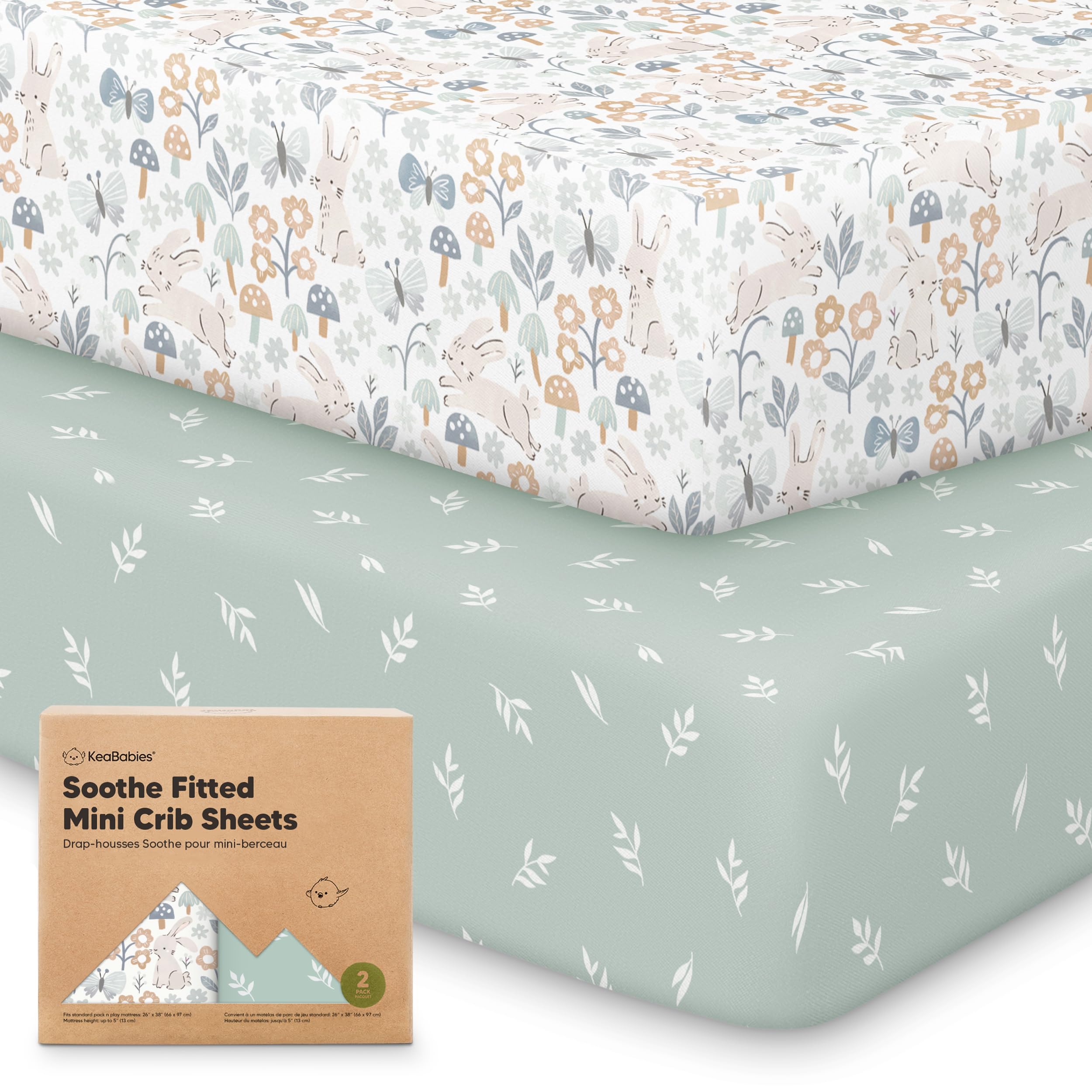KeaBabies Soothe mini crib sheets fit 38x26 pack n play for quick changes.