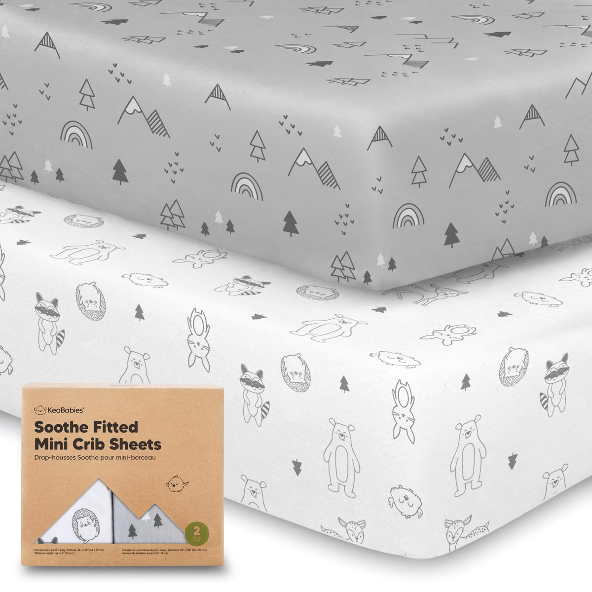 KeaBabies Soothe Mini Crib Sheets fit 38x26, secure elastic for safe sleep.
