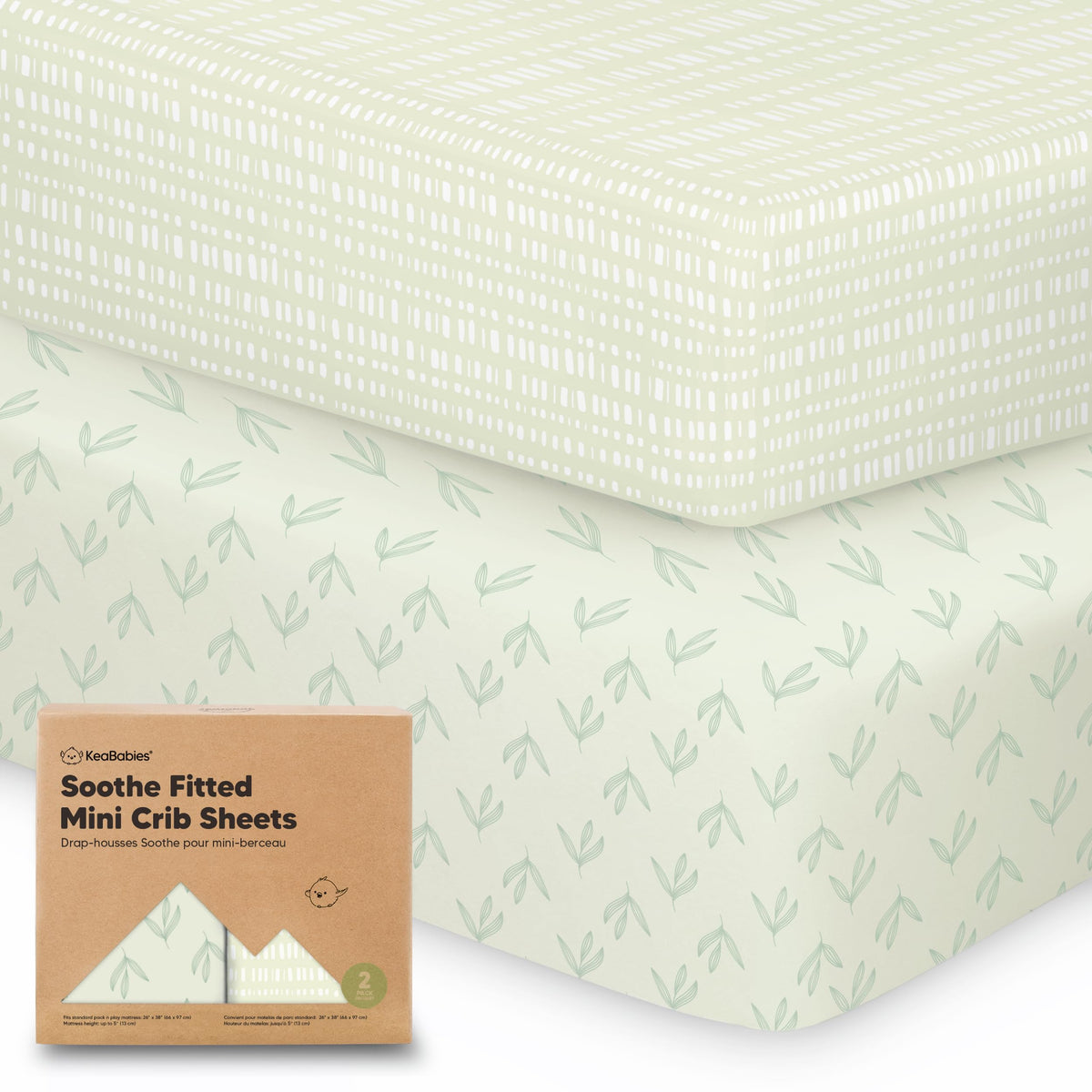 KeaBabies Soothe mini crib sheets show a snug 38x26 pack-n-play fit for on-the-go sleep.