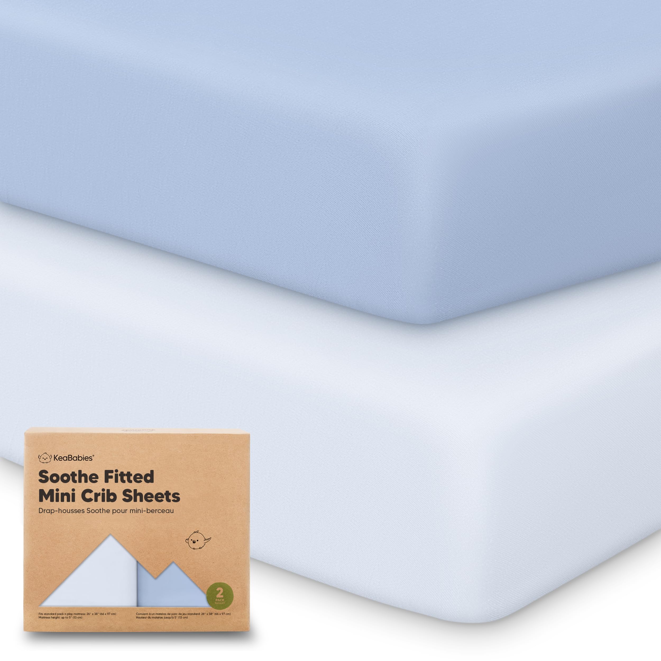 KeaBabies Soothe mini crib sheets in blue flax on a pack-n-play for calm sleep.