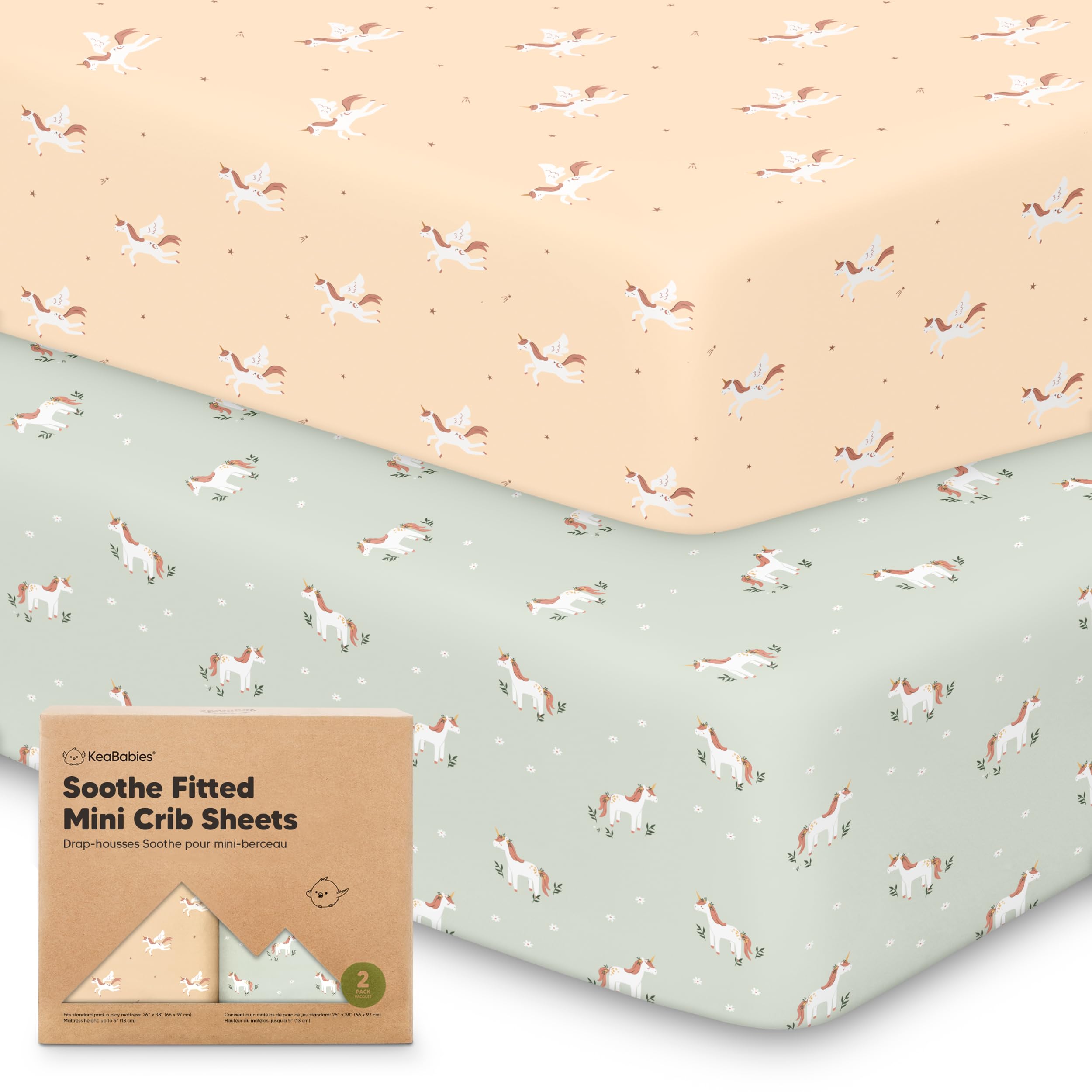 KeaBabies Soothe mini crib sheets neatly packaged for easy travel prep.