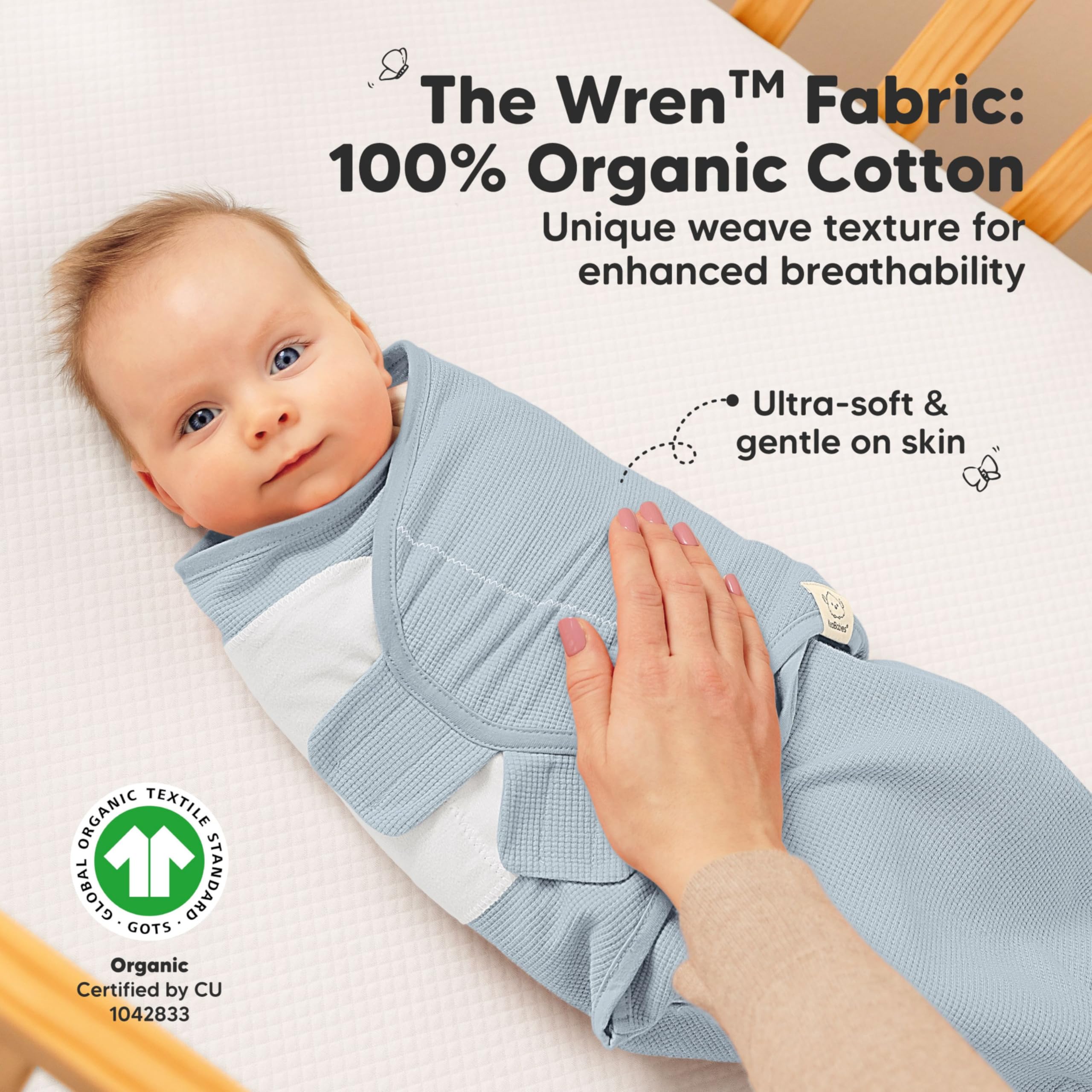 KeaBabies Soothe Wren swaddle glacier closure demo highlighting easy hook and loop fit.