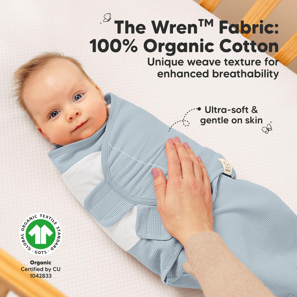KeaBabies Soothe Wren swaddle glacier closure demo highlighting easy hook and loop fit.