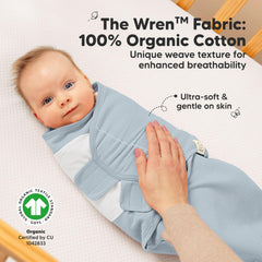 KeaBabies Soothe Wren swaddle glacier closure demo highlighting easy hook and loop fit.