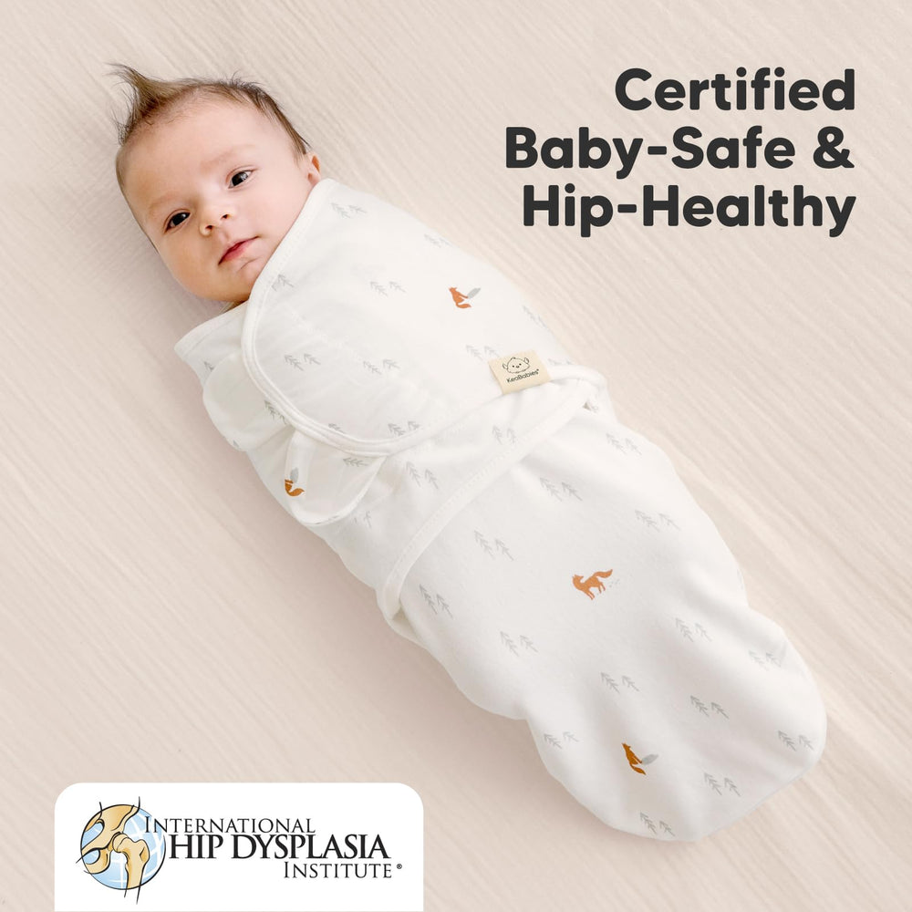 KeaBabies Soothe Zippy Swaddle Forest hip-healthy label signals ergonomic design.