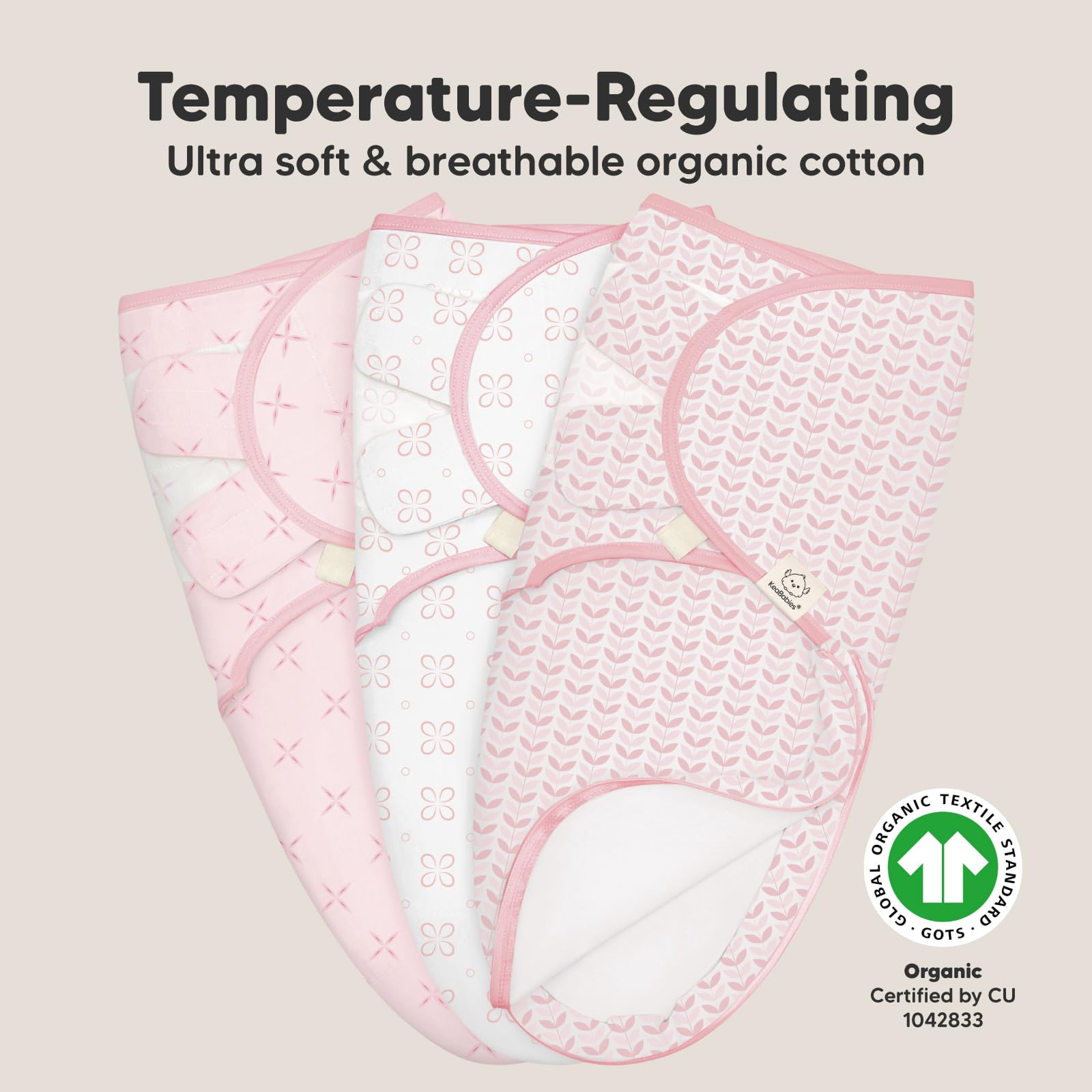KeaBabies Soothe Zippy Swaddle OS size shows newborn to 3-month fit.
