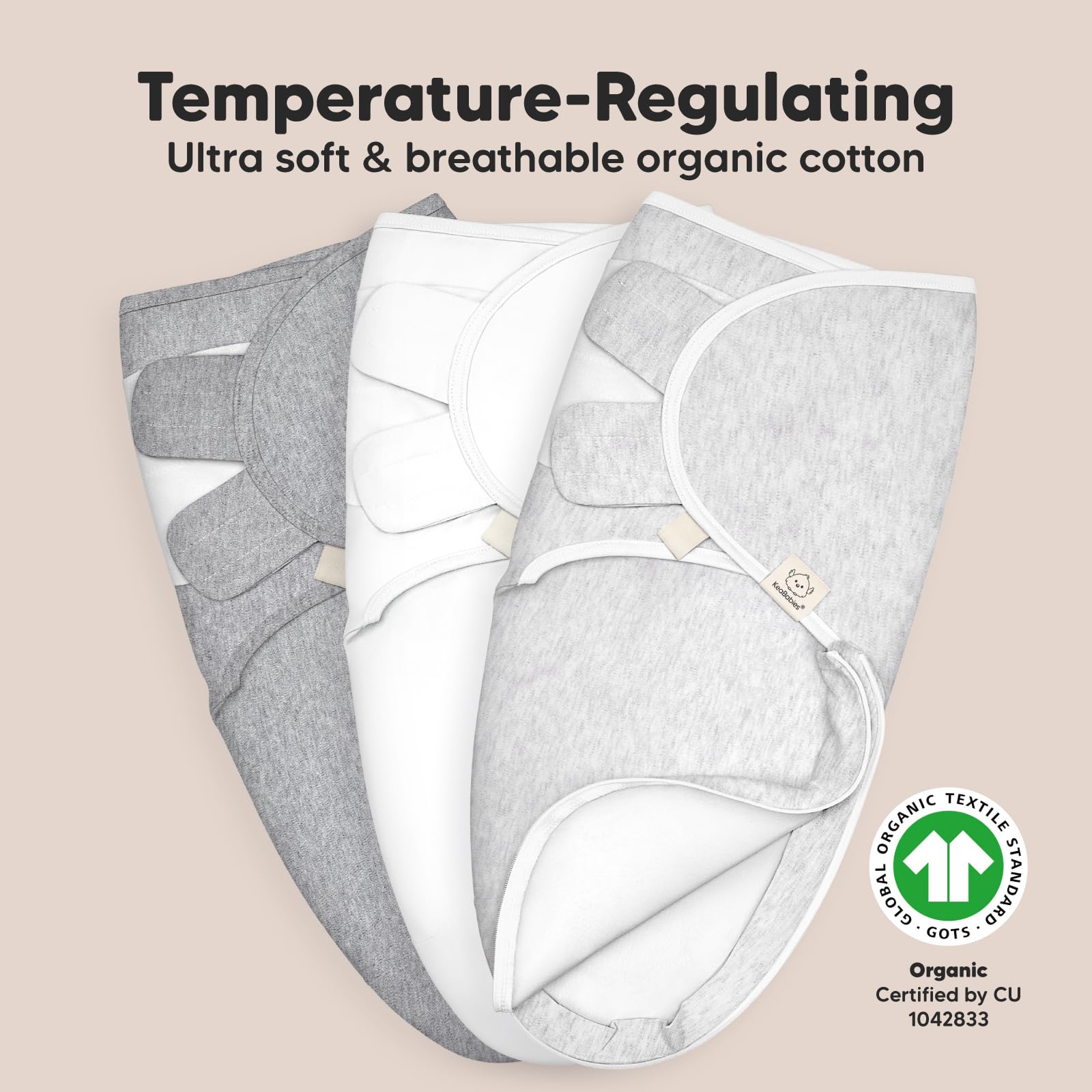KeaBabies Soothe Zippy Swaddle IHDI hip-healthy certification supports ergonomic hip position.