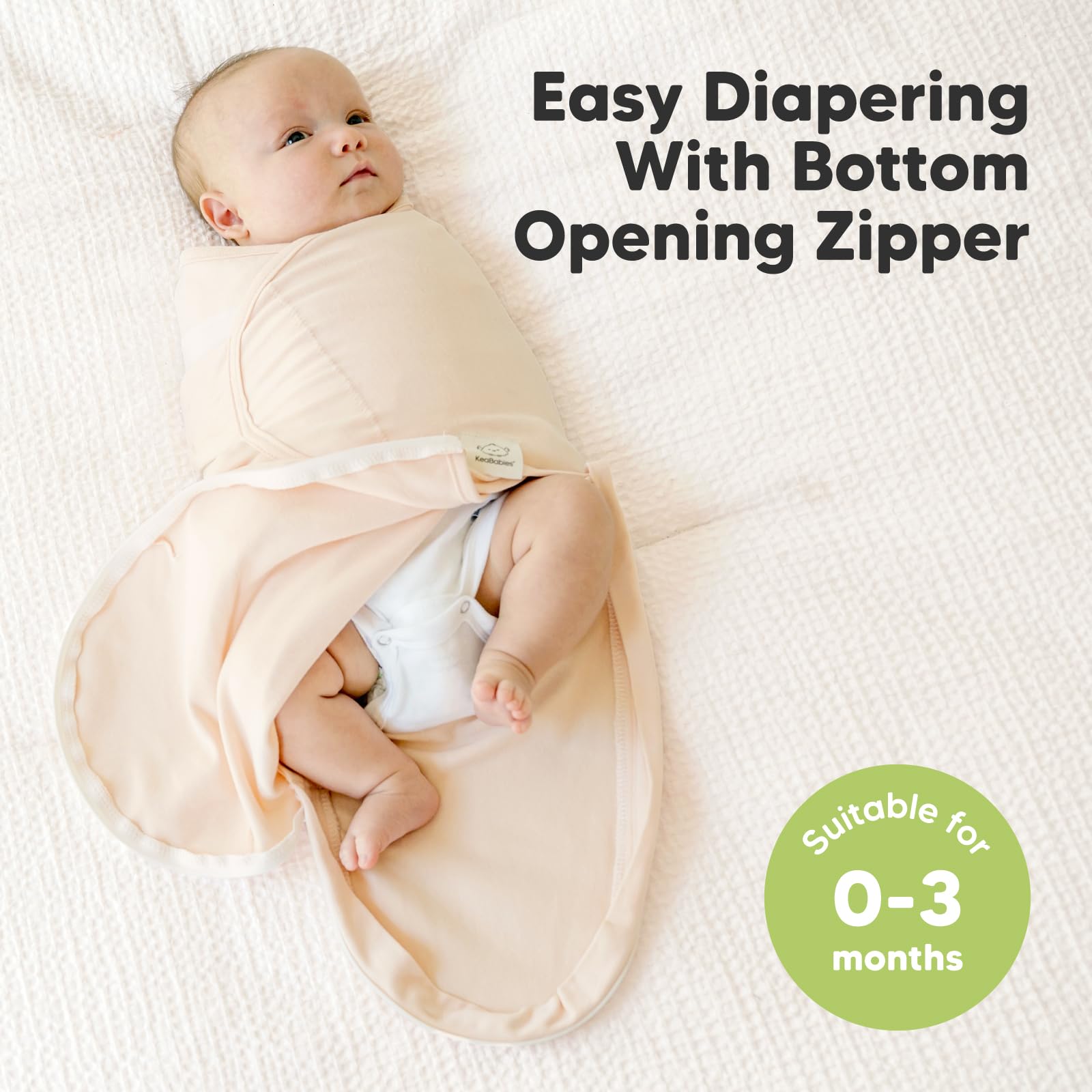 KeaBabies Soothe Zippy swaddle on baby—demonstrates secure, snug sleep environment.