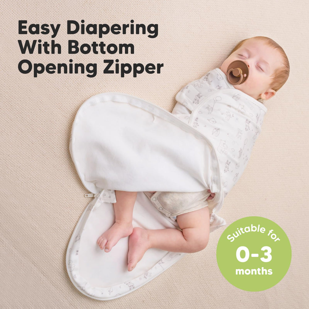 KeaBabies Soothe Zippy Swaddle with zipper closure enables quick diaper changes.