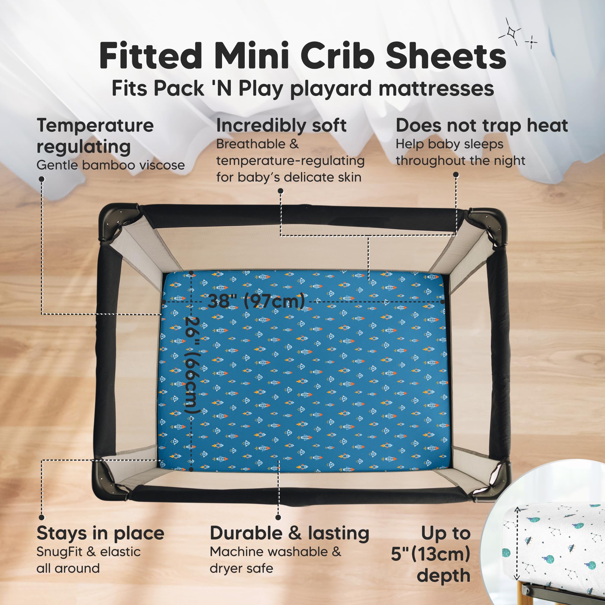 KeaBabies Space Quest pack-n-play bedding on display showing soft, breathable fabric for comfort