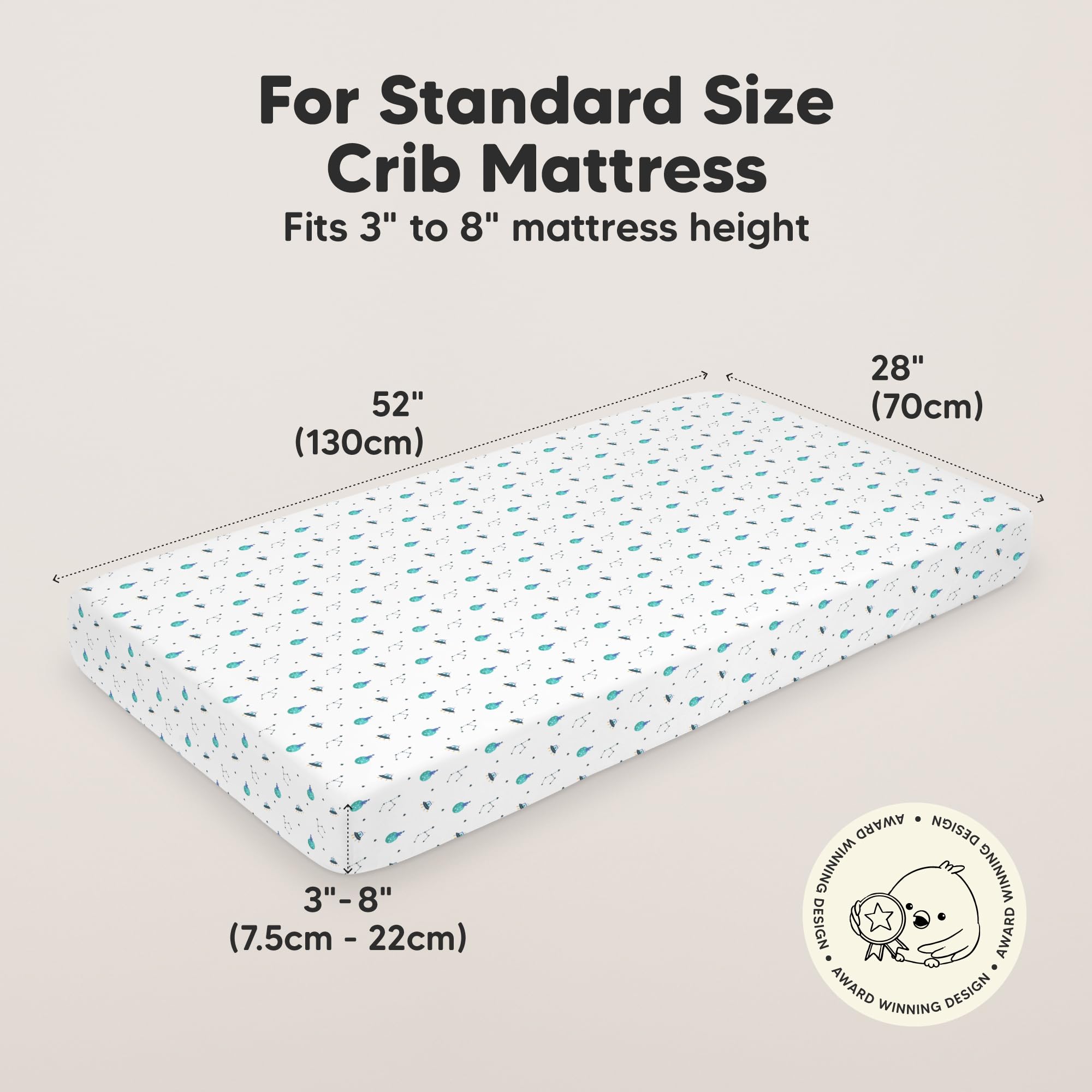 KeaBabies Space Quest sheet on crib mattress showing snug fit