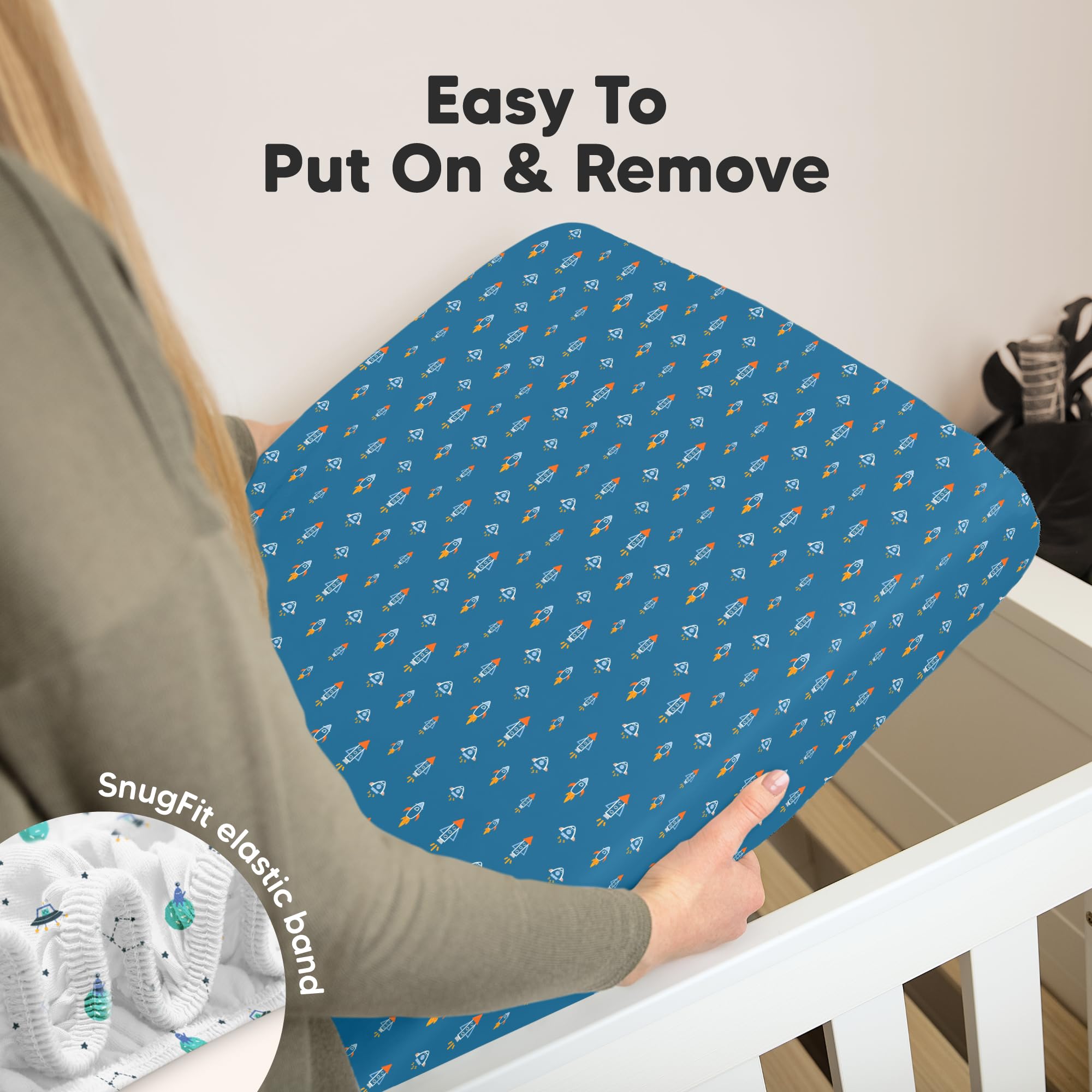 KeaBabies Space Quest sheet stretch demonstrates SnugFit tech for quick changes