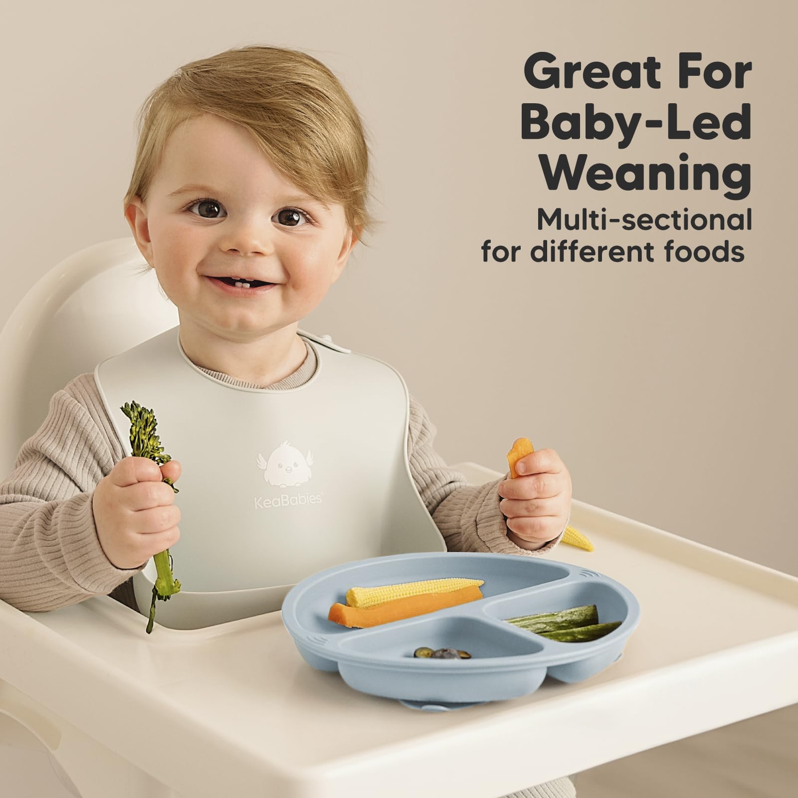 KeaBabies stackable silicone plates with lids for compact kitchen storage.