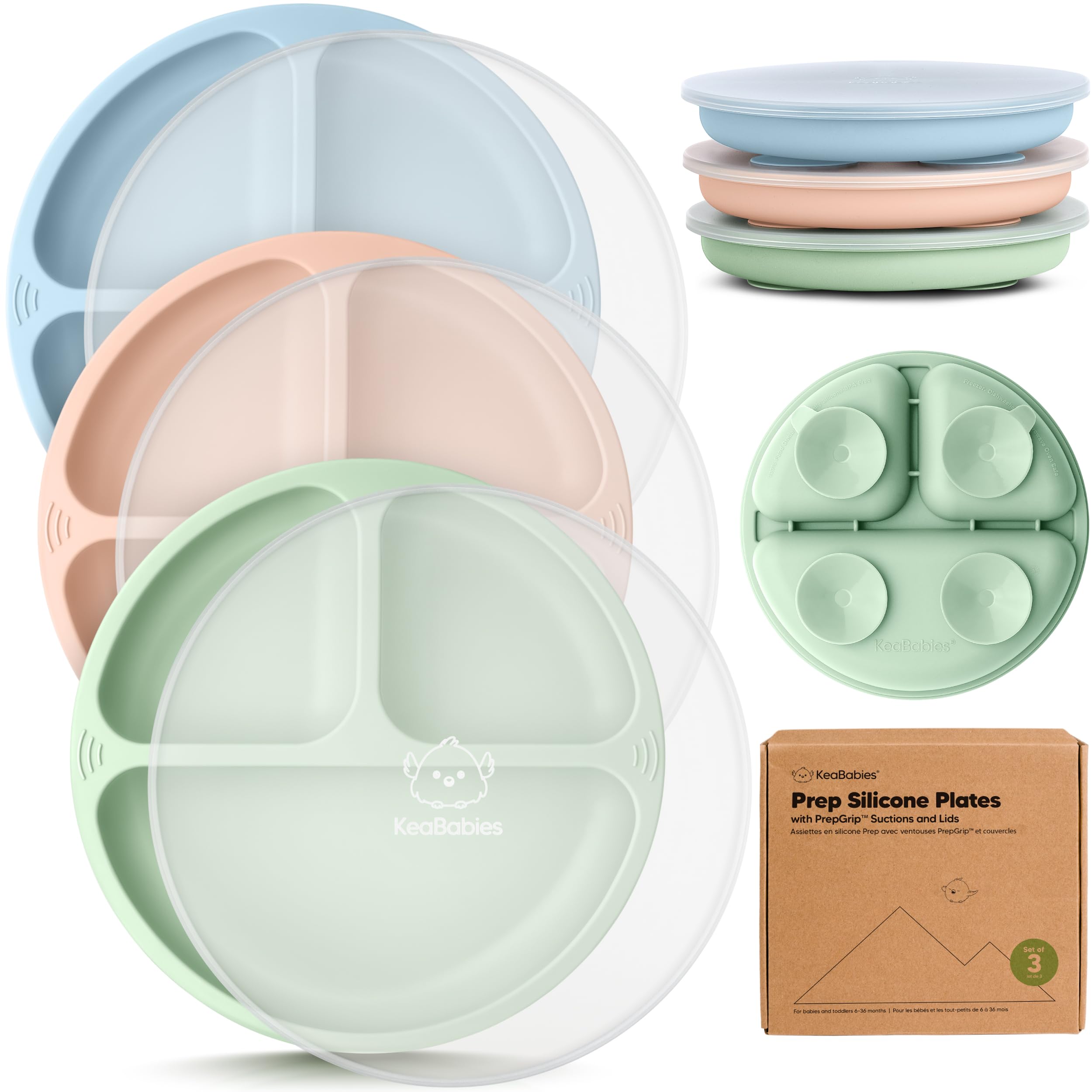 KeaBabies suction plate with lid 3-pack keeps meals spill-free for toddlers.