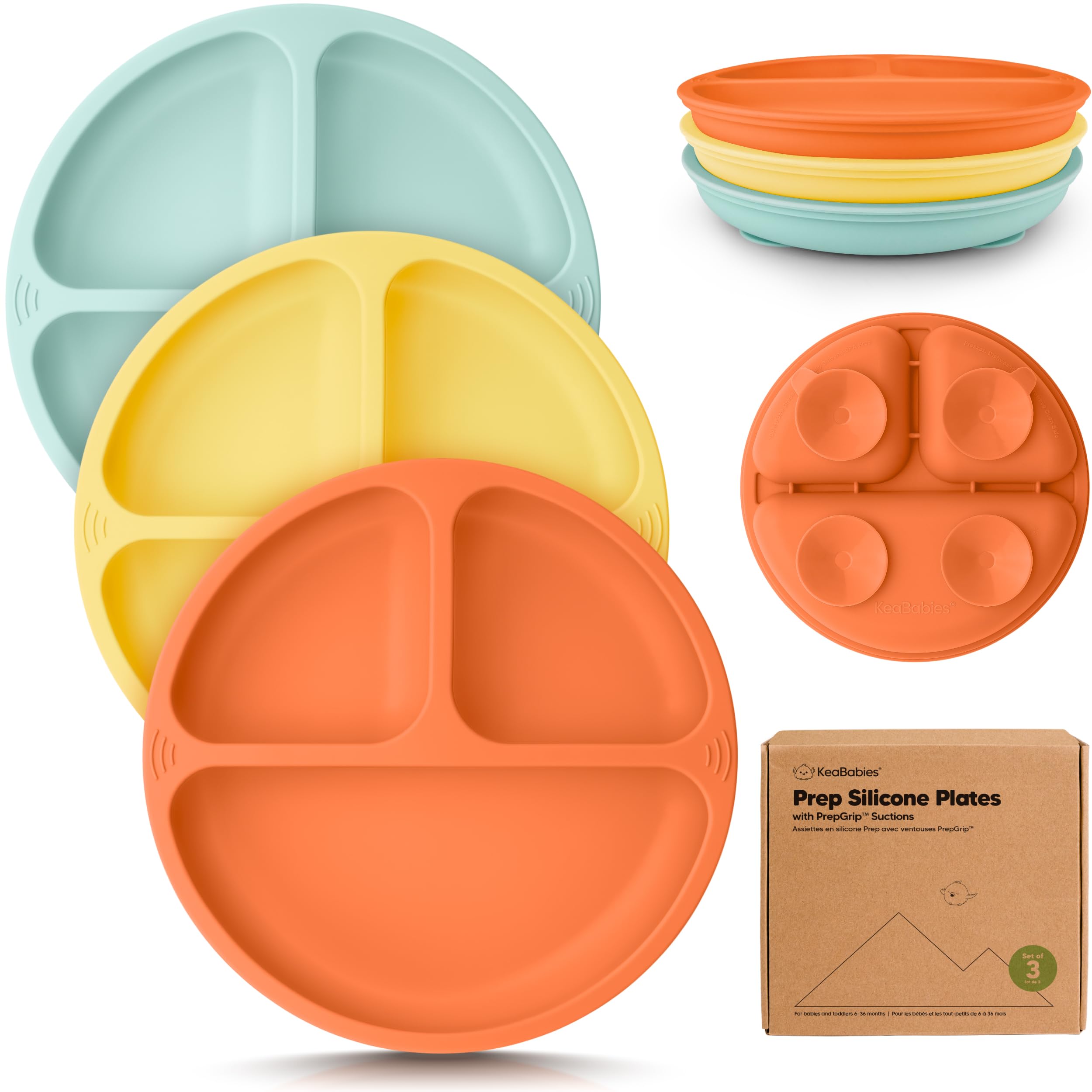 KeaBabies suction plates 3-pack on high chair showing strong PrepGrip for mess-free meals.