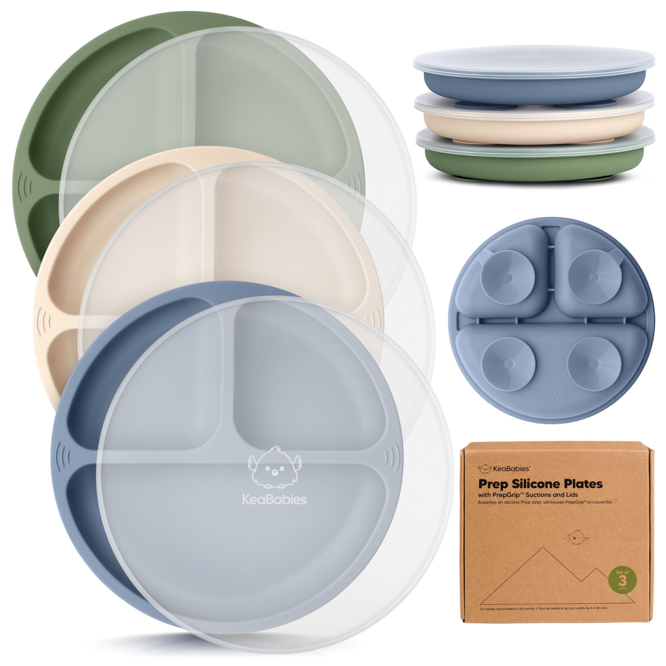 KeaBabies suction plates with lids in slate showing strong grip for mess-free mealtimes