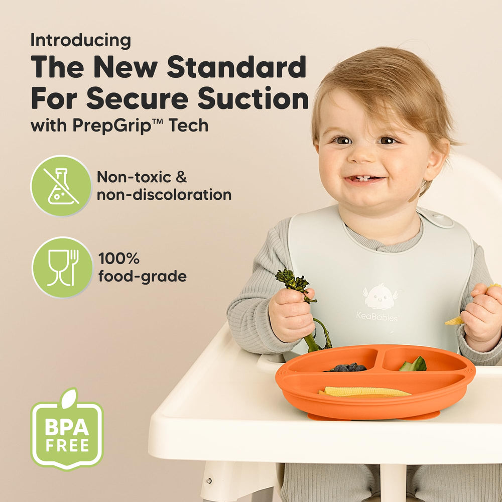 KeaBabies suction plates with PrepGrip tabs illustrating easy release and spill-free plates.