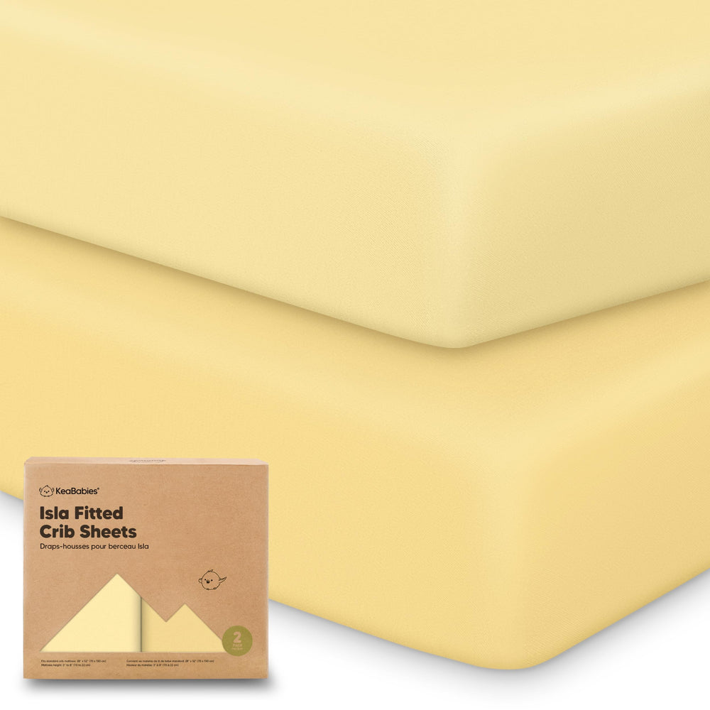 KeaBabies Sunshine crib sheet 2-pack on display, offering soft bamboo comfort for baby sleep.