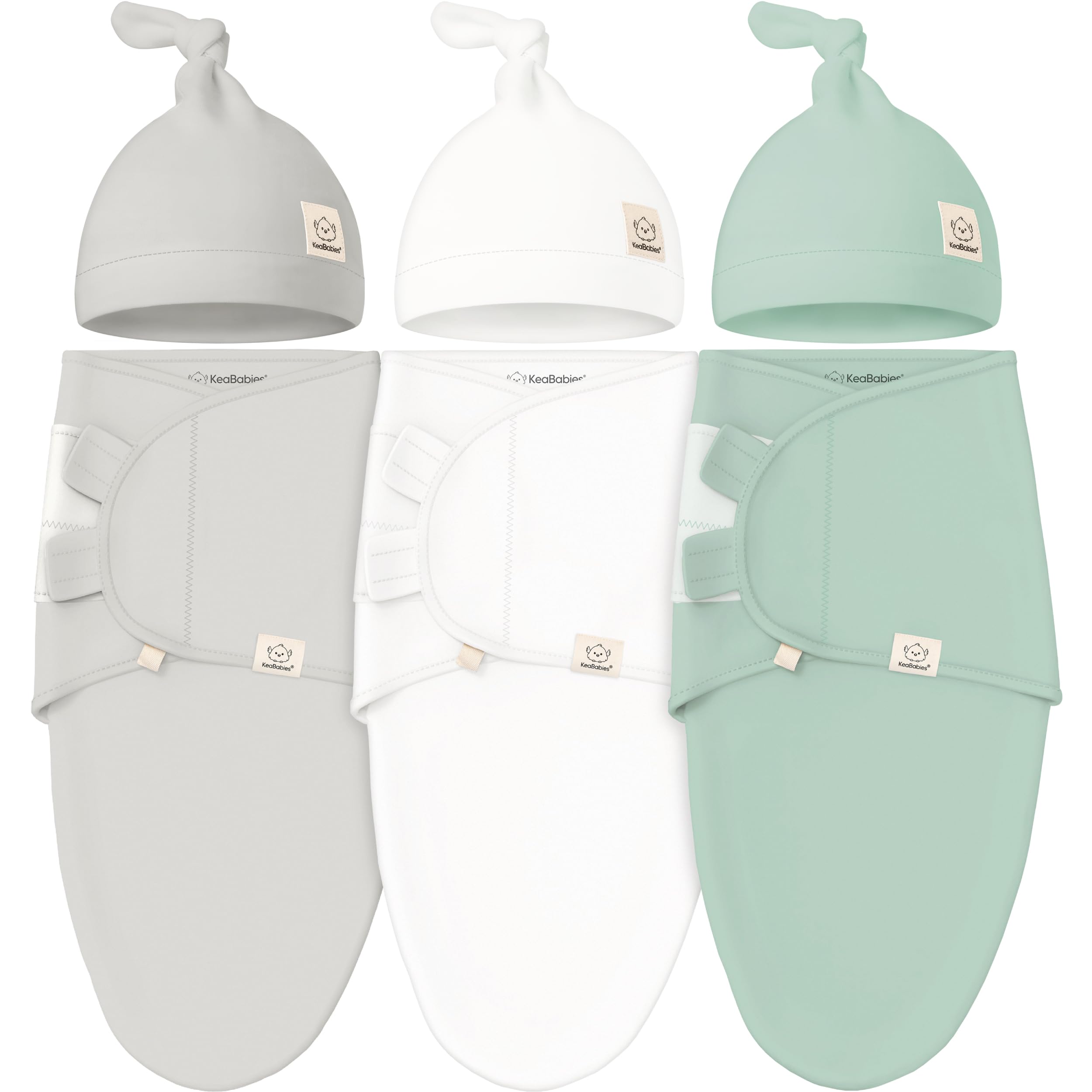 KeaBabies swaddle sack with sage hats closeup promoting secure wrap for calm newborn sleep.