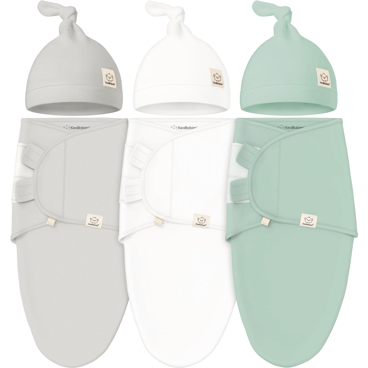 KeaBabies swaddle sack with sage hats closeup promoting secure wrap for calm newborn sleep.