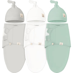 KeaBabies swaddle sack with sage hats closeup promoting secure wrap for calm newborn sleep.