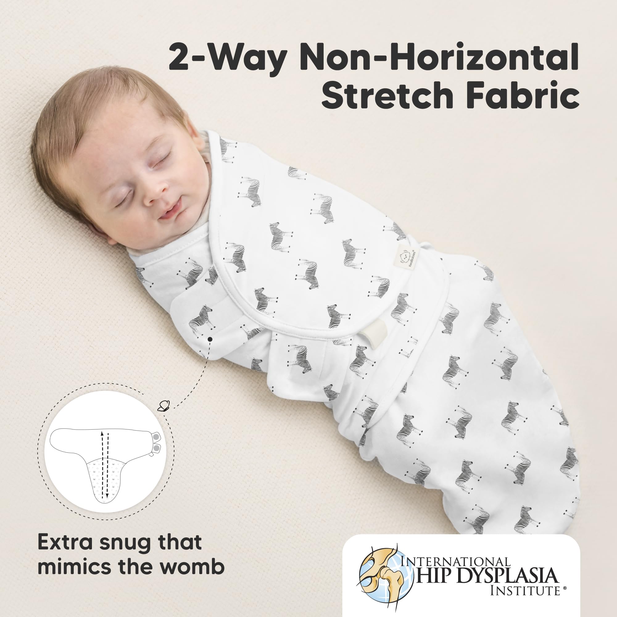 KeaBabies The Wild swaddle uses gentle hook-and-loop fasteners for skin-safe use.
