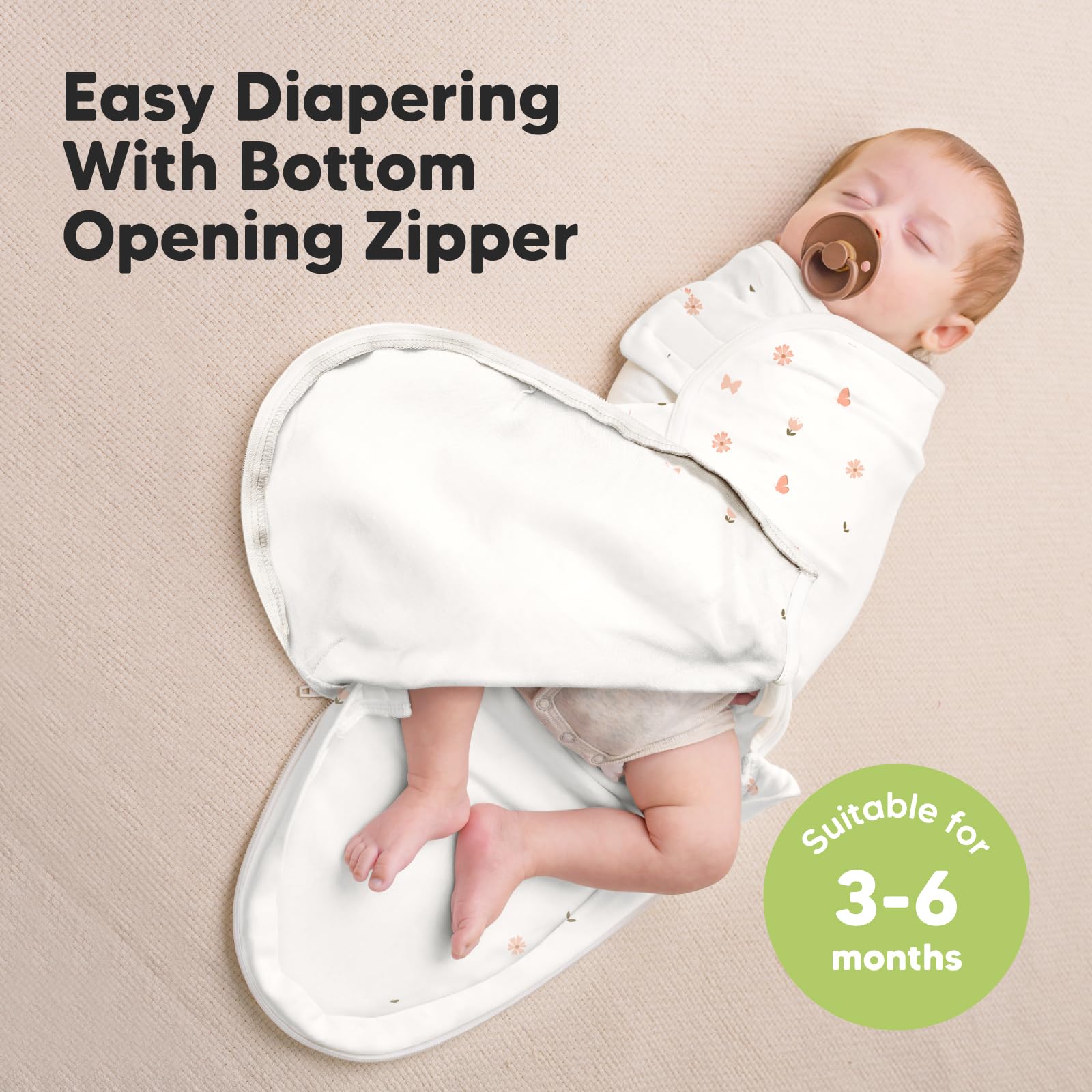 KeaBabies swaddle-zipper-diaper-change image highlights easy diaper changes without unwrapping