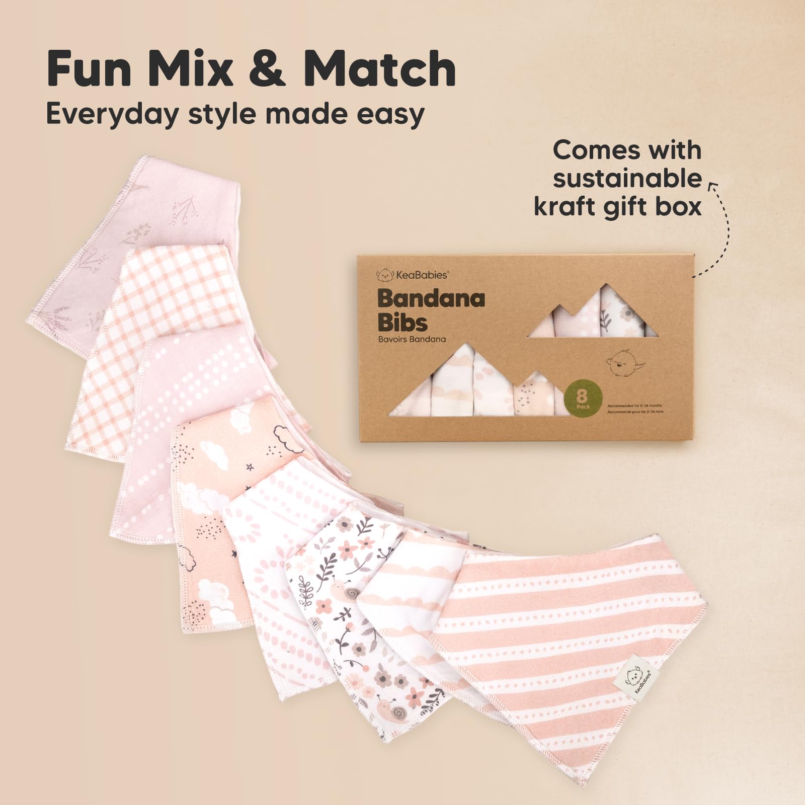 KeaBabies Sweet Charm bandana bib care label shows machine wash friendliness.