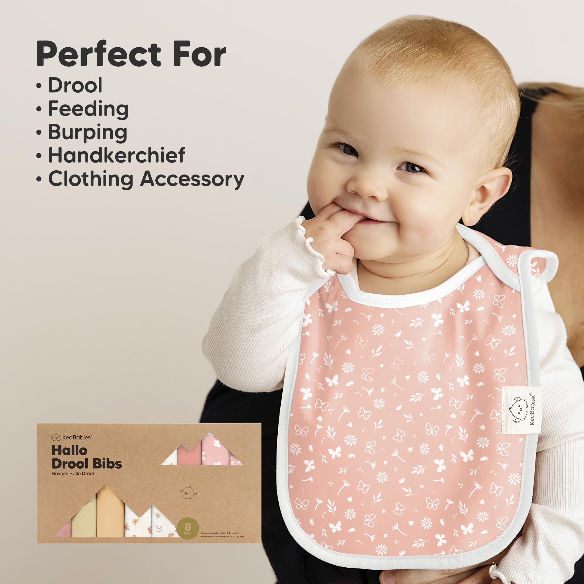 KeaBabies Sweet Charm bibs in use during teething drool moments
