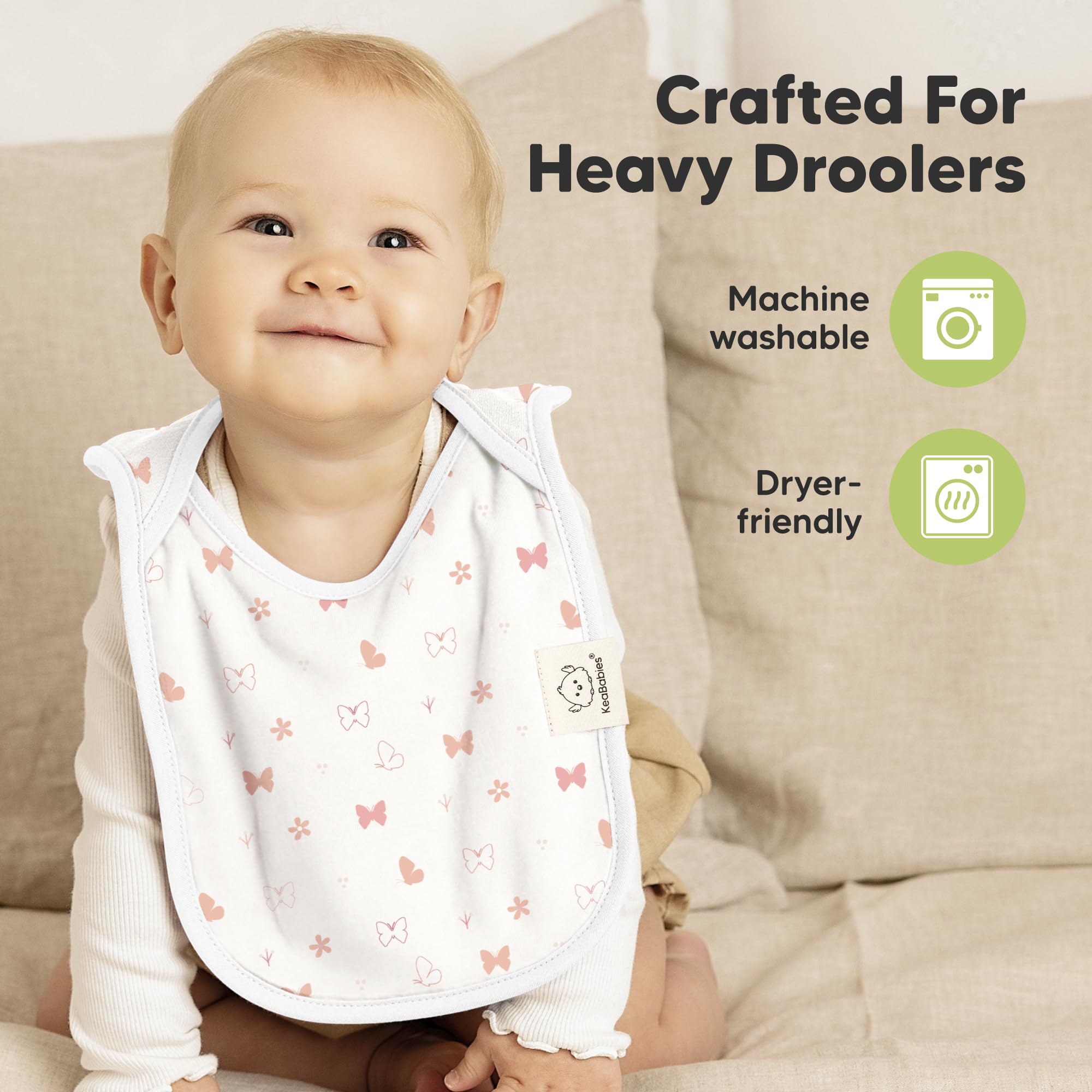 KeaBabies Sweet Charm bibs shown in unisex colors for boys and girls