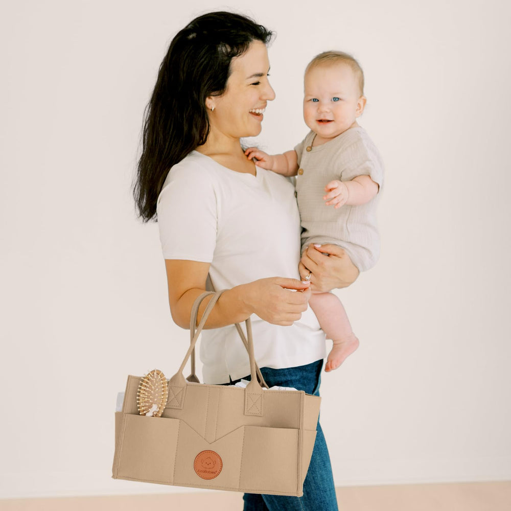 KeaBabies taupe diaper caddy gift set ideal for new moms and baby showers.