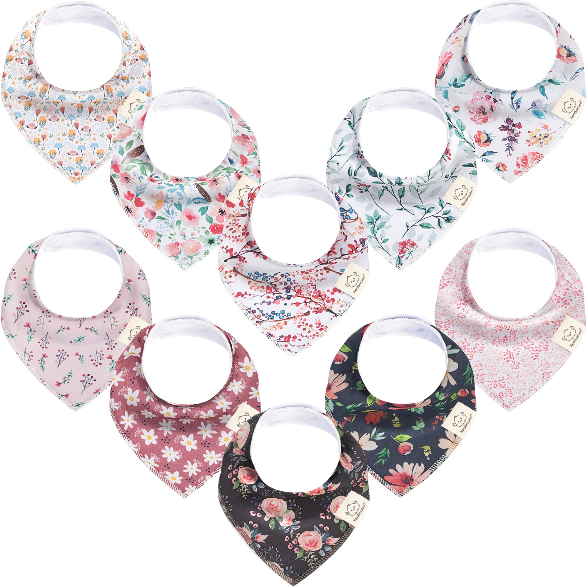 KeaBabies Tea Party bandana bib fabric detail highlights soft organic cotton gentle on delicate skin.