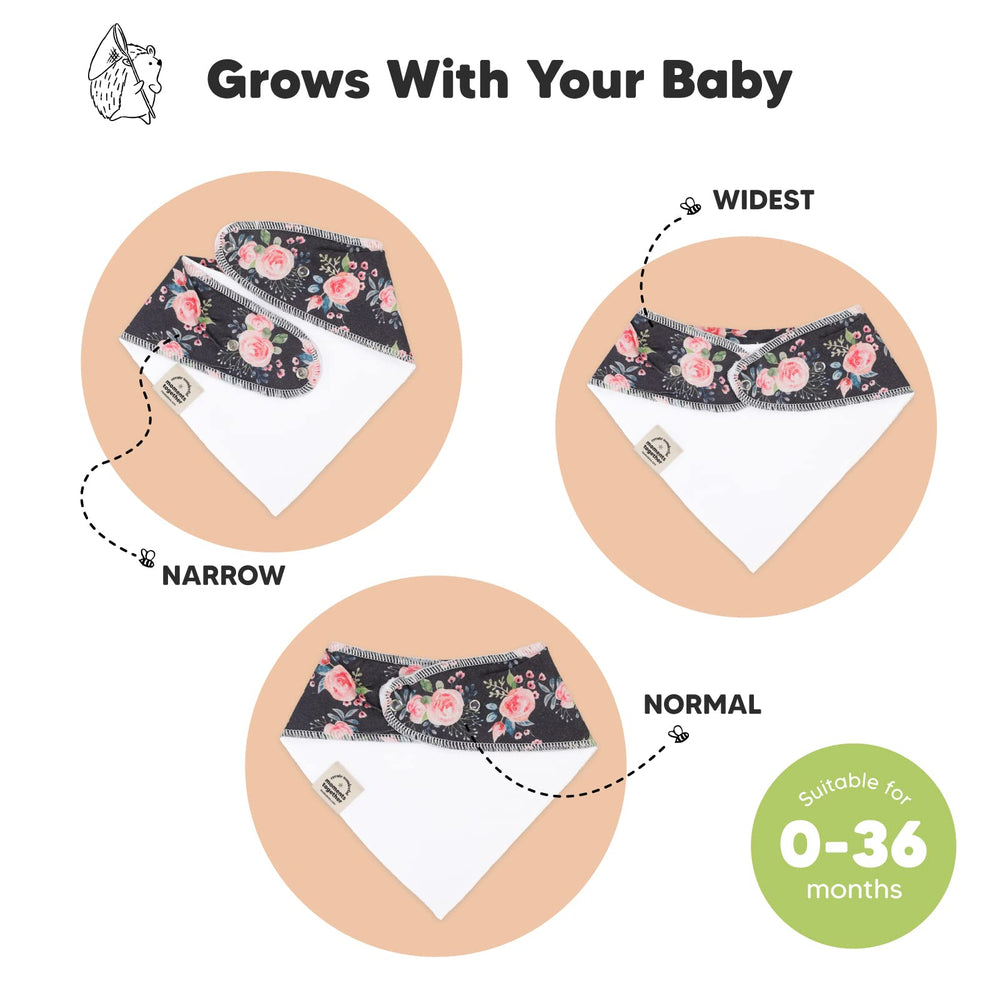 KeaBabies Tea Party bandana bib with visible overlock stitching for durable construction.
