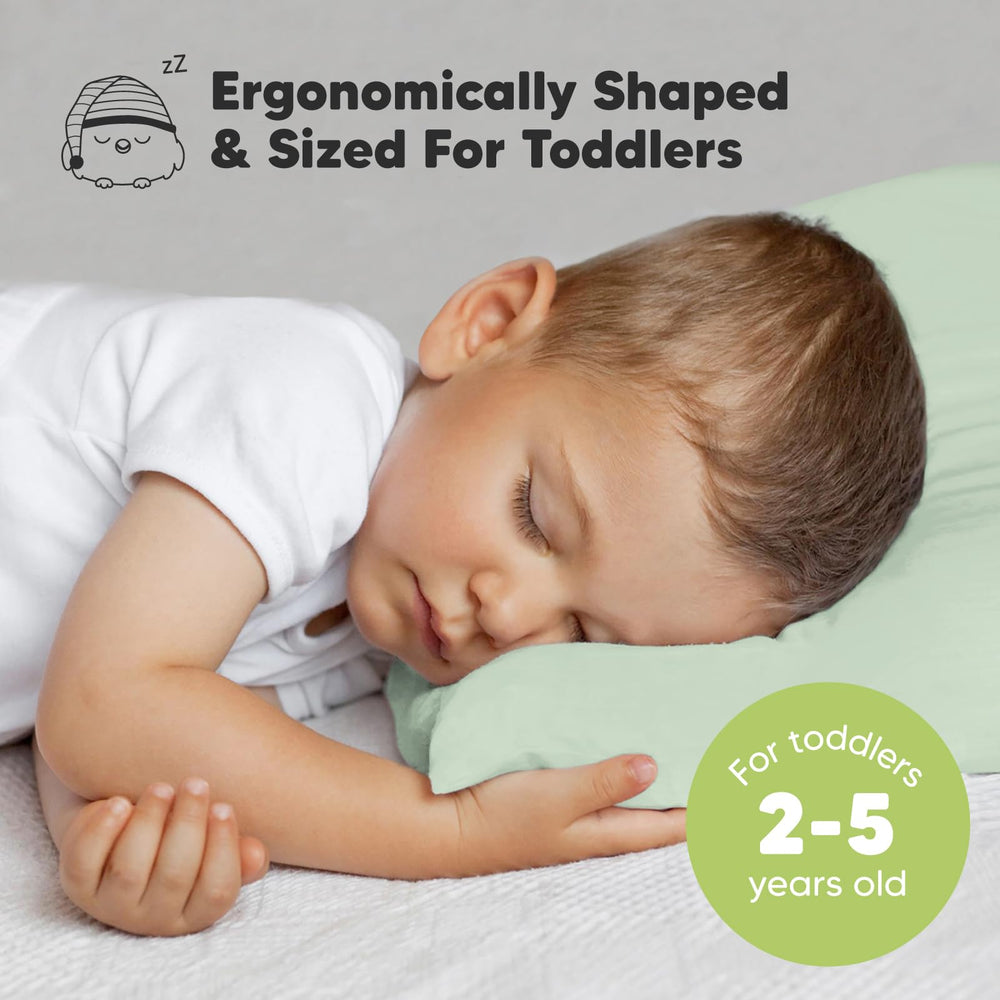 KeaBabies toddler pillow 13x18 sage side view shows compact travel-friendly size for naps.