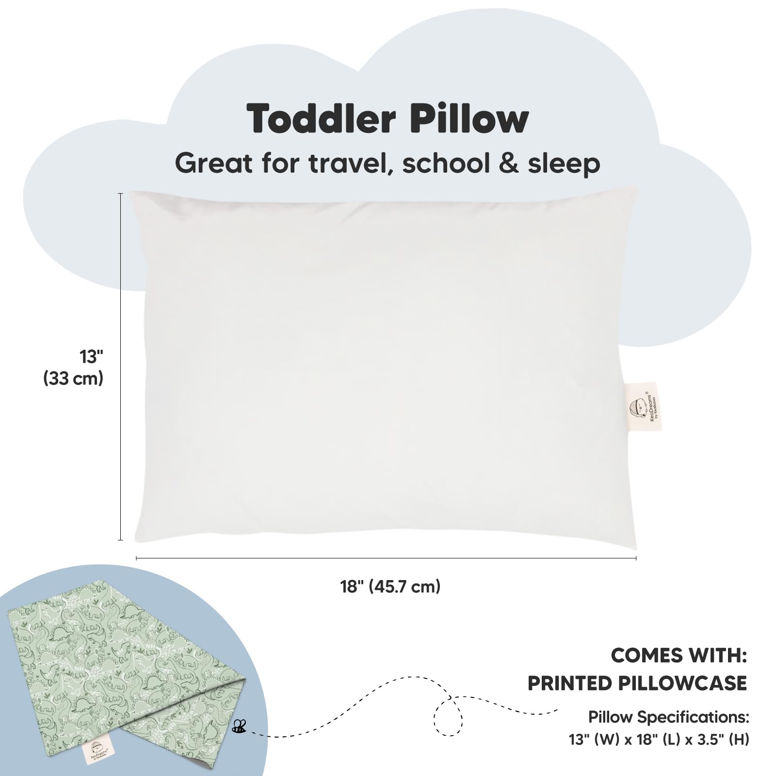 KeaBabies DinoDood pillowcase closeup emphasizes soft organic cotton cover