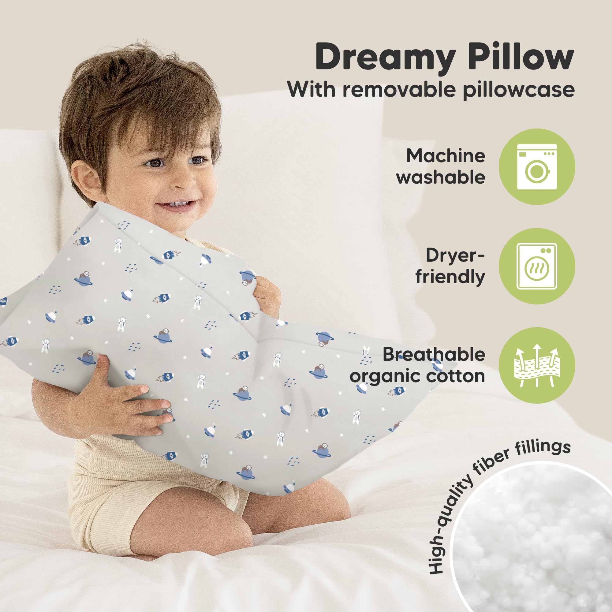 KeaBabies toddler pillow machine-washable label demonstrates easy cleaning.