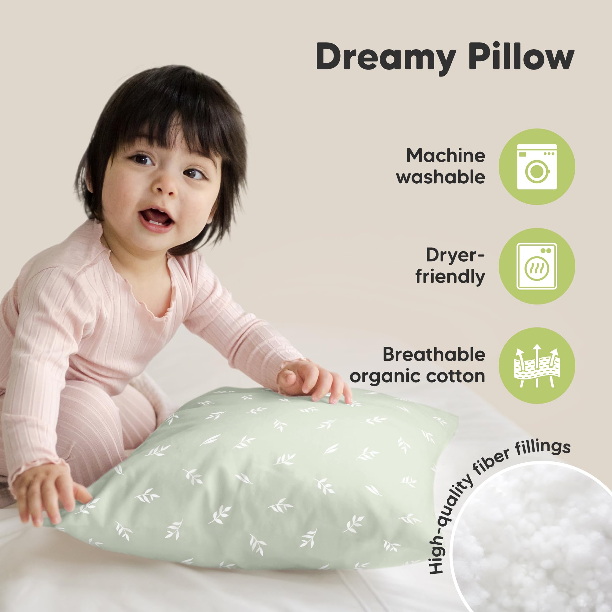KeaBabies toddler pillow machine-washable label demonstrates easy cleanup after messes.