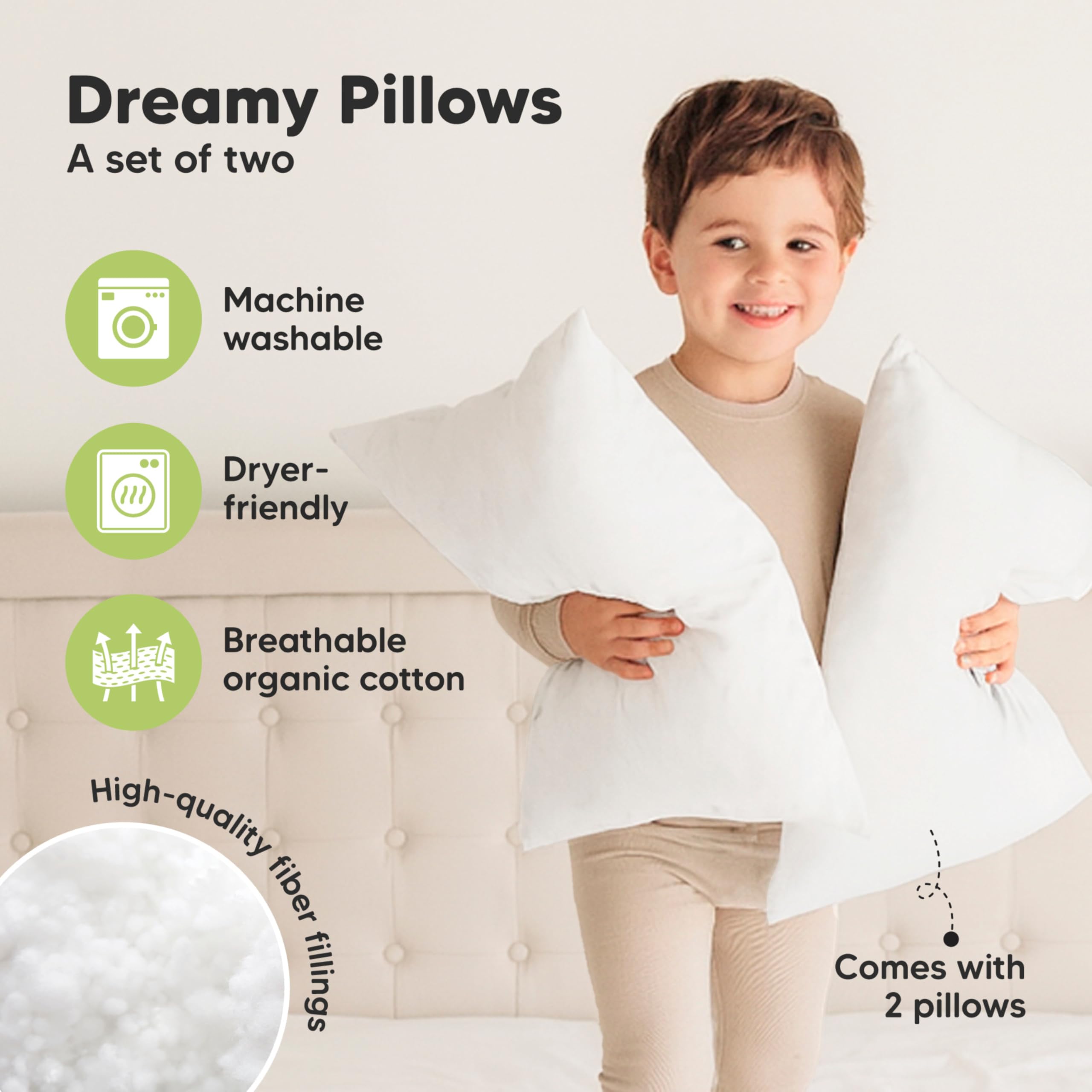 KeaBabies machine-washable pillow demonstrates easy cleaning for busy families.