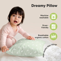 KeaBabies toddler pillow machine-washable label demonstrates easy cleanup after messes.