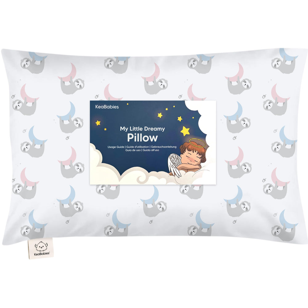KeaBabies Moon Sloth toddler pillow assembled shows ergonomic support for safe sleep.