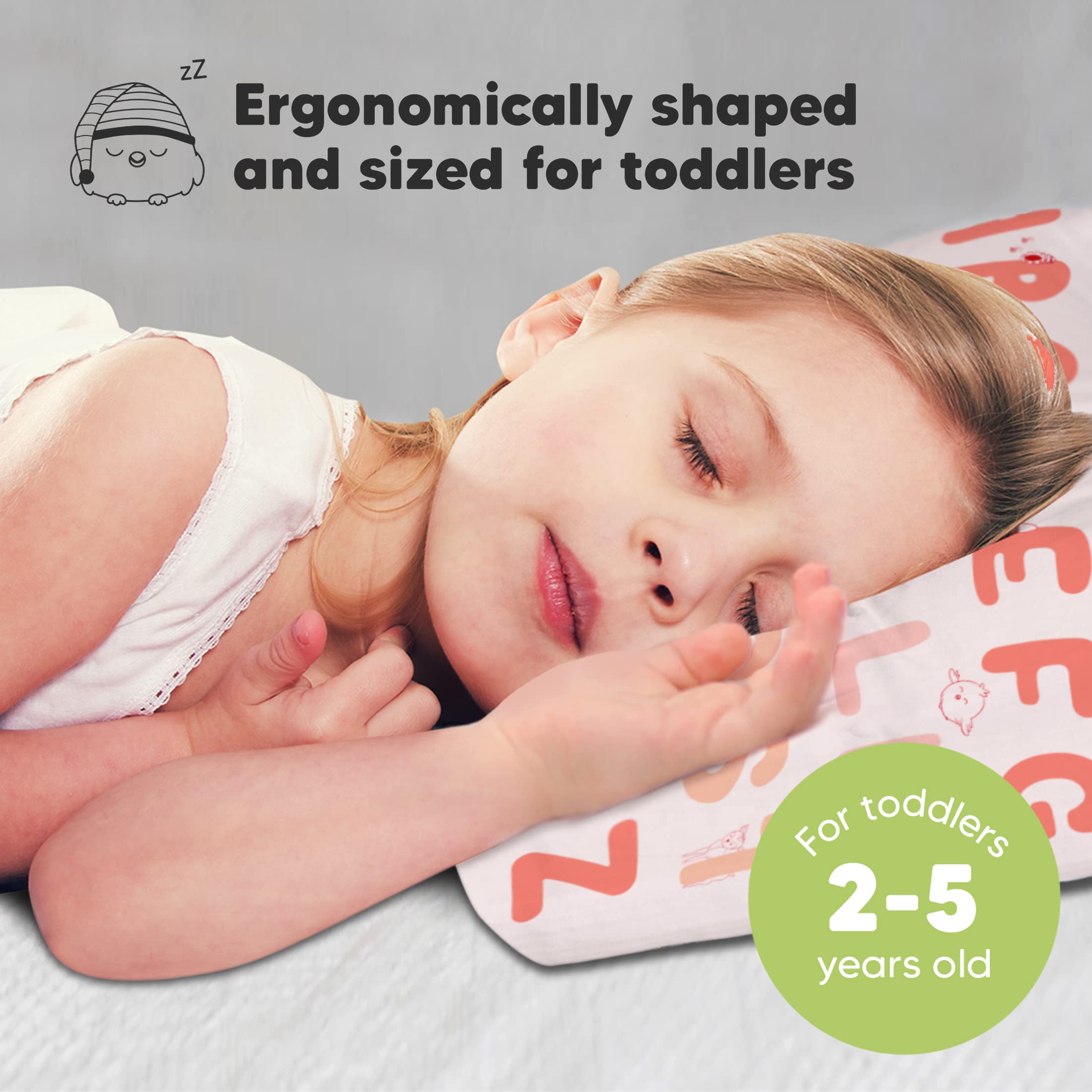 KeaBabies Toddler Pillow Sakura side view shows ergonomic shape for growth.