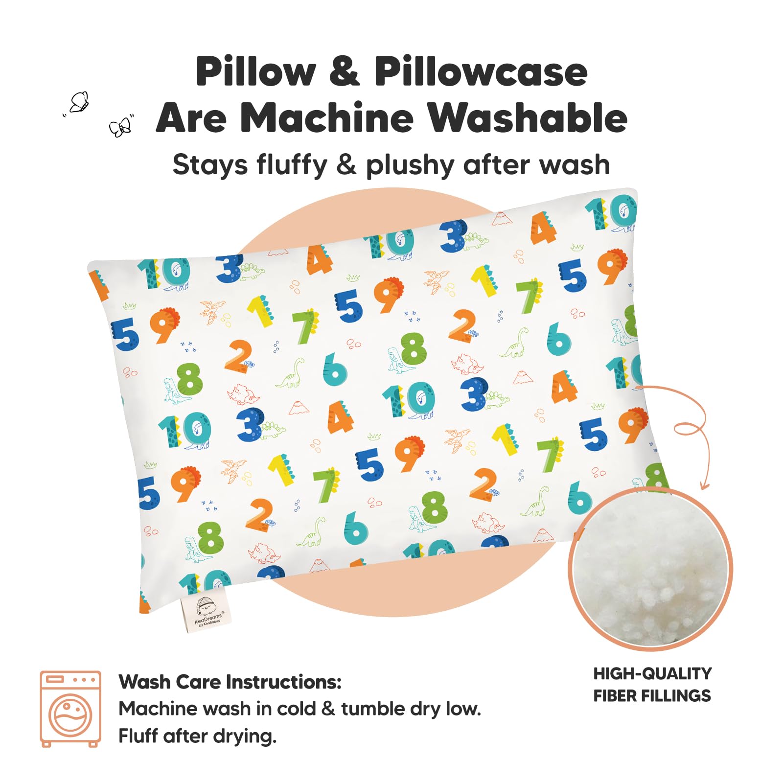 KeaBabies toddler pillow stacked demonstrates compact size for travel or naps.