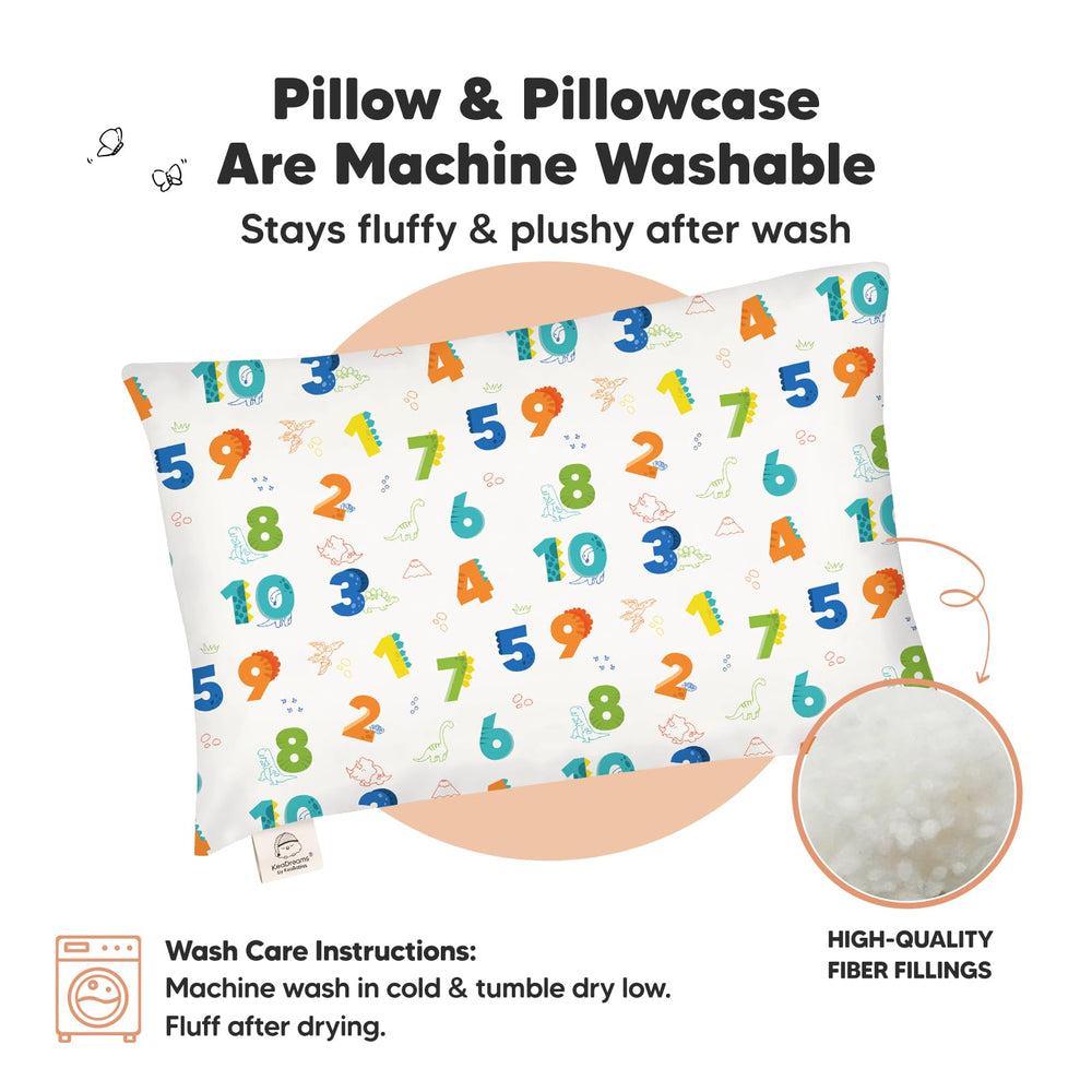 KeaBabies toddler pillow stacked demonstrates compact size for travel or naps.