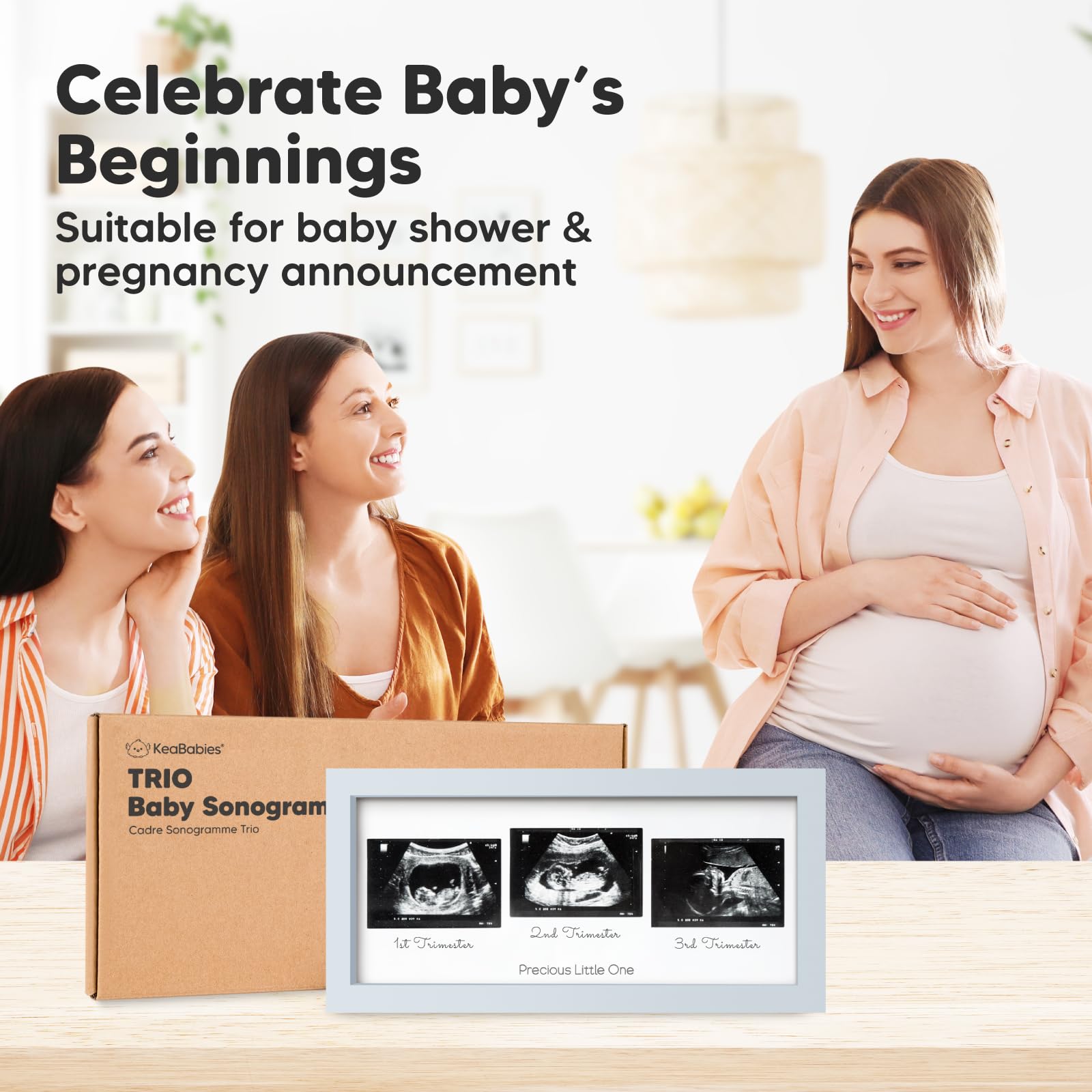 KeaBabies Trio Ultrasound Frame gender reveal moment captured in Mist Blue.