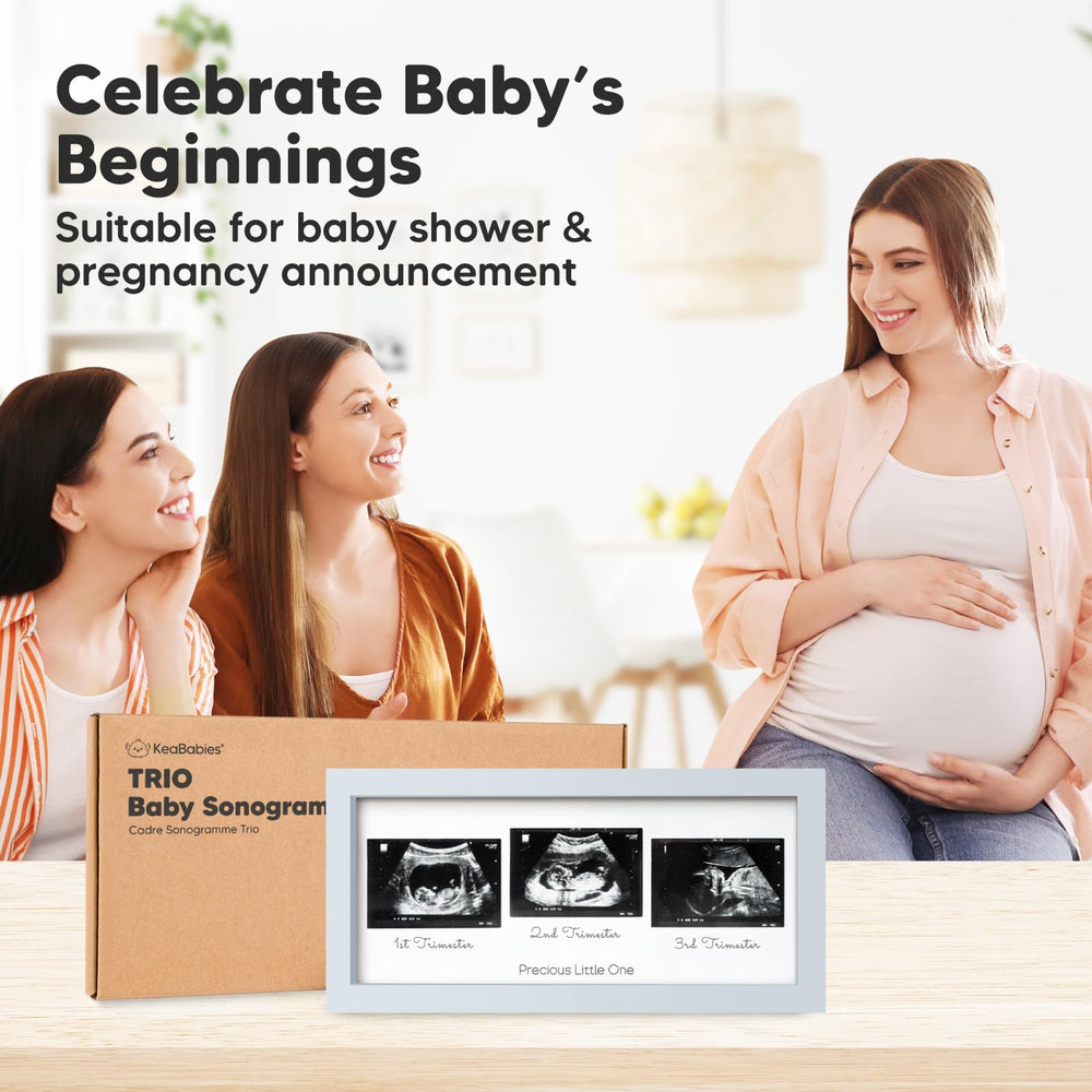 KeaBabies Trio Ultrasound Frame gender reveal moment captured in Mist Blue.