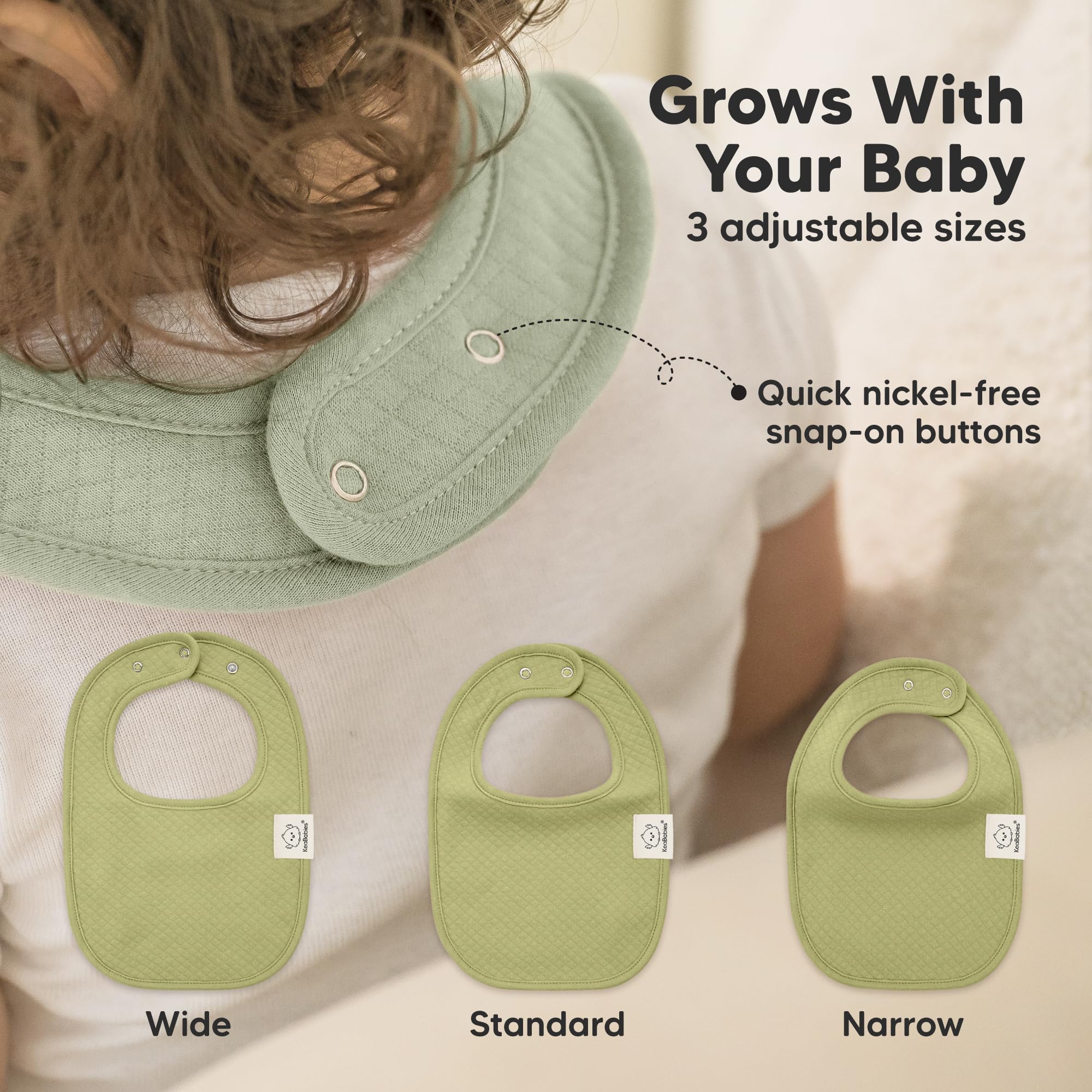KeaBabies Urban Quin bib adjustable snaps demonstrate snug neck fit.
