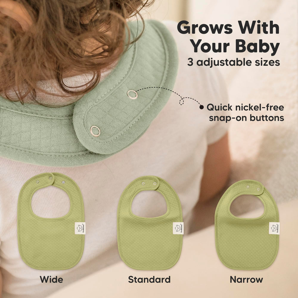 KeaBabies Urban Quin bib adjustable snaps demonstrate snug neck fit.