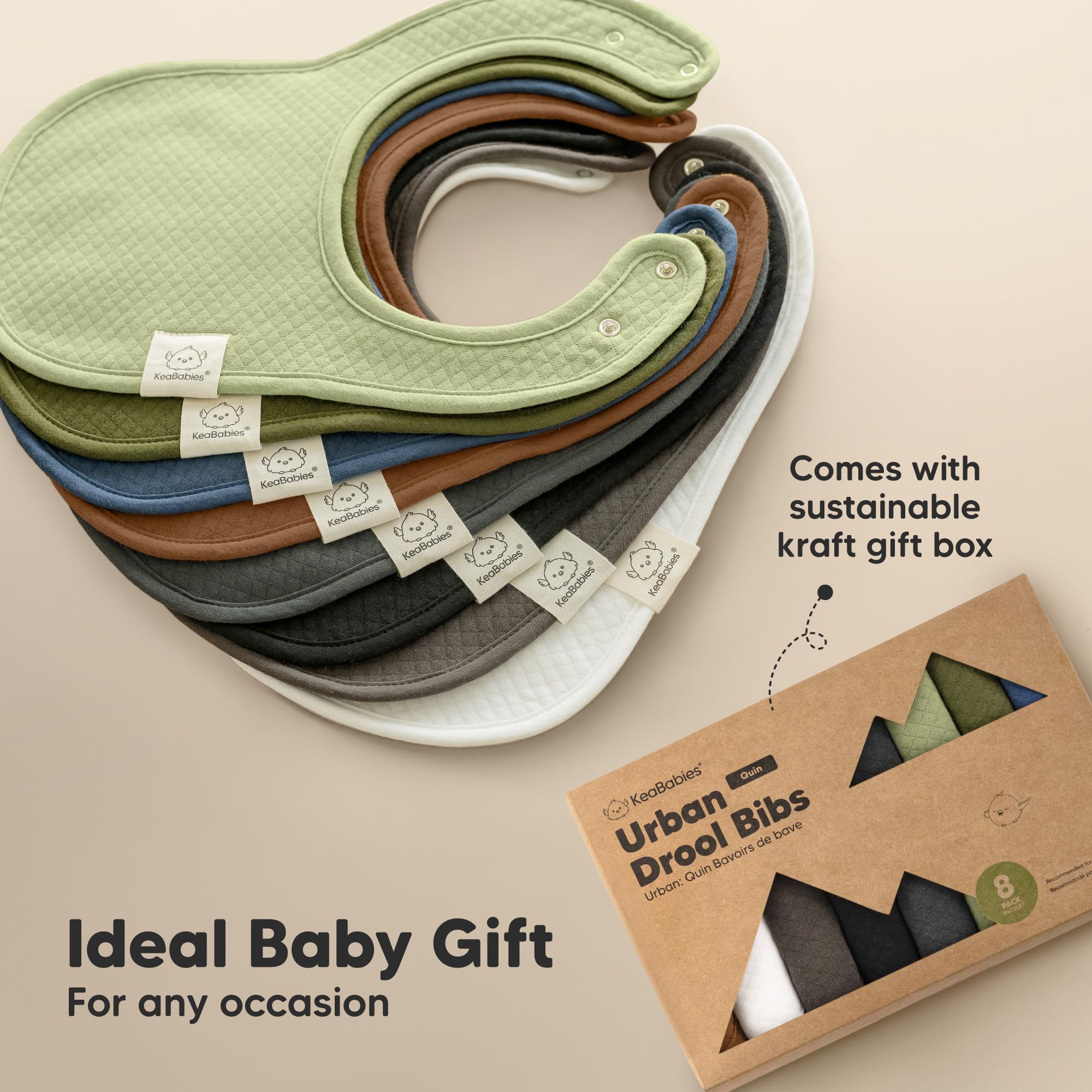KeaBabies Urban Quin Bib set in multi-pack packaging.