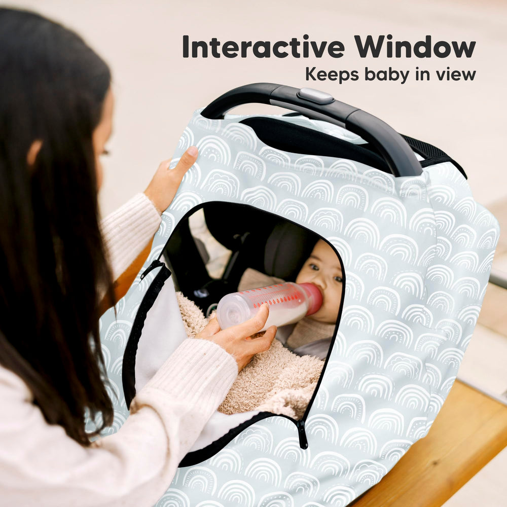 KeaBabies Warmzy stretchy cover fits most car seats for flexible travel.