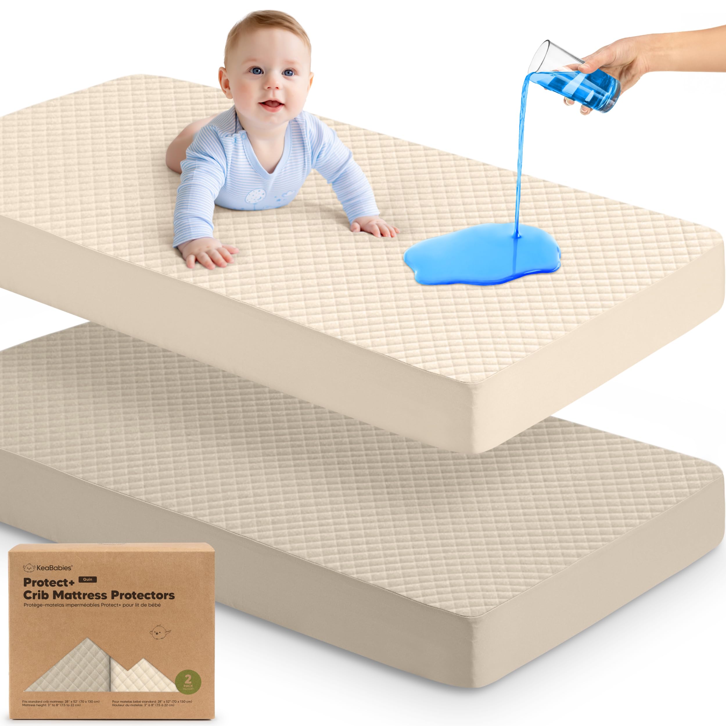 KeaBabies waterproof crib mattress protector on a crib protects against spills